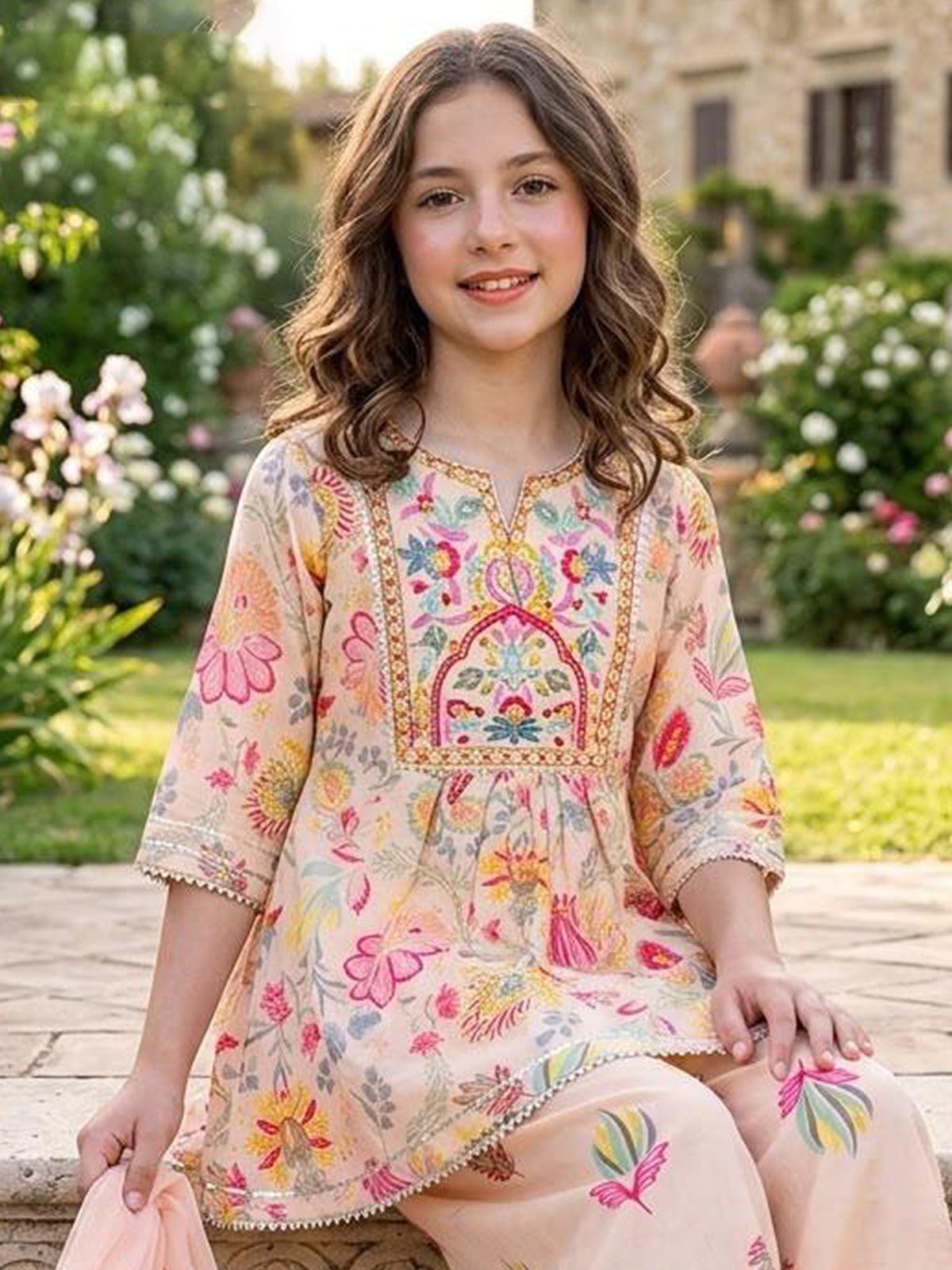 Light peach floral girls sharara suit