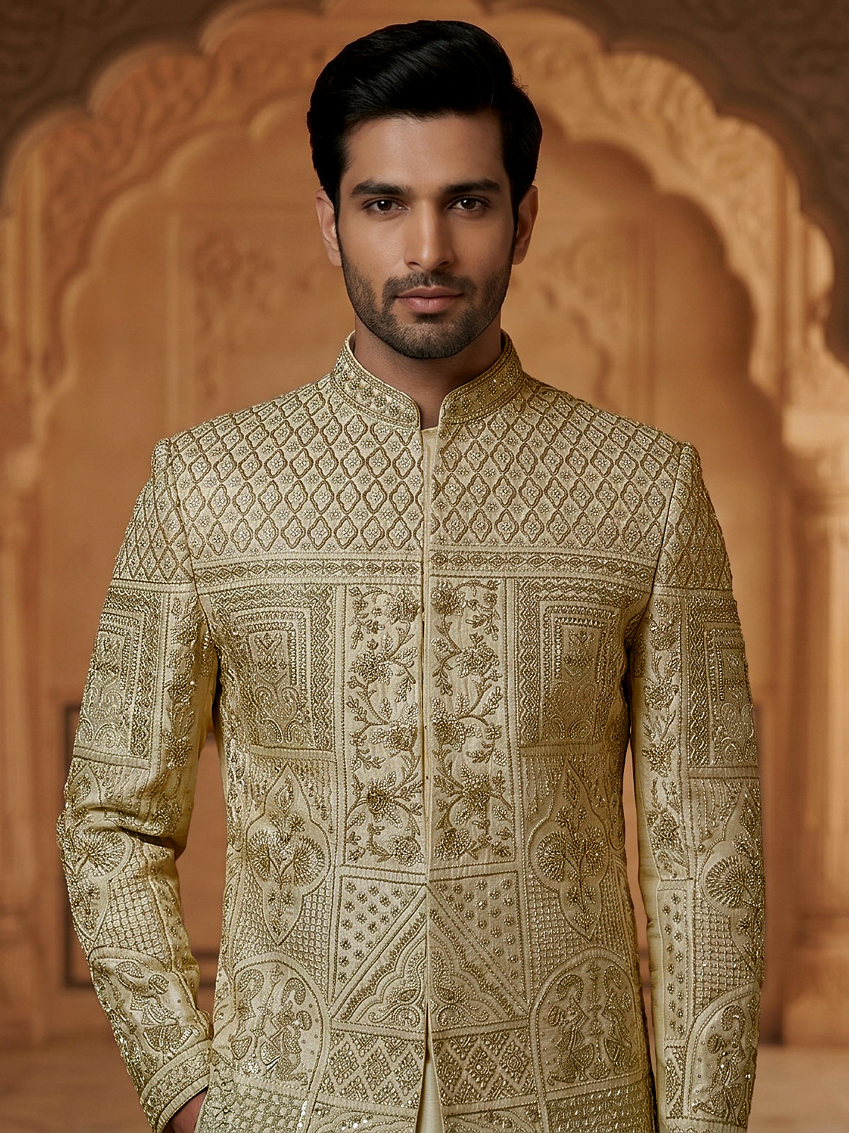 Elegant pista green and cream raw silk full sleeves sherwani