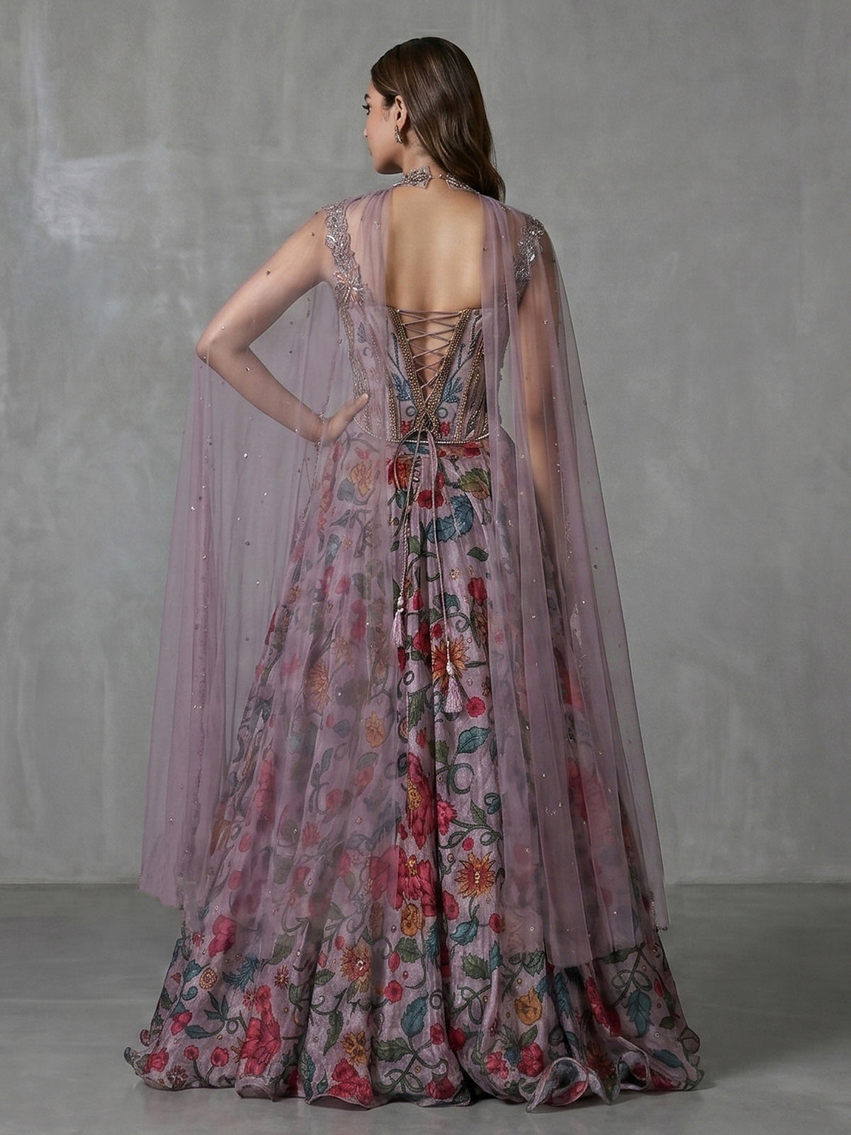 Lilac purple designer printed lehenga choli with sleeveless