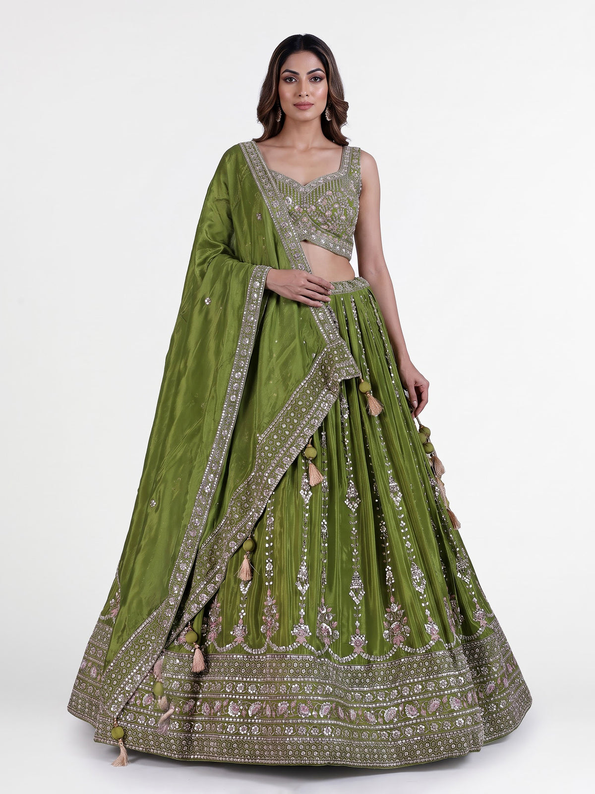 Lime green lehenga choli with silver scallops