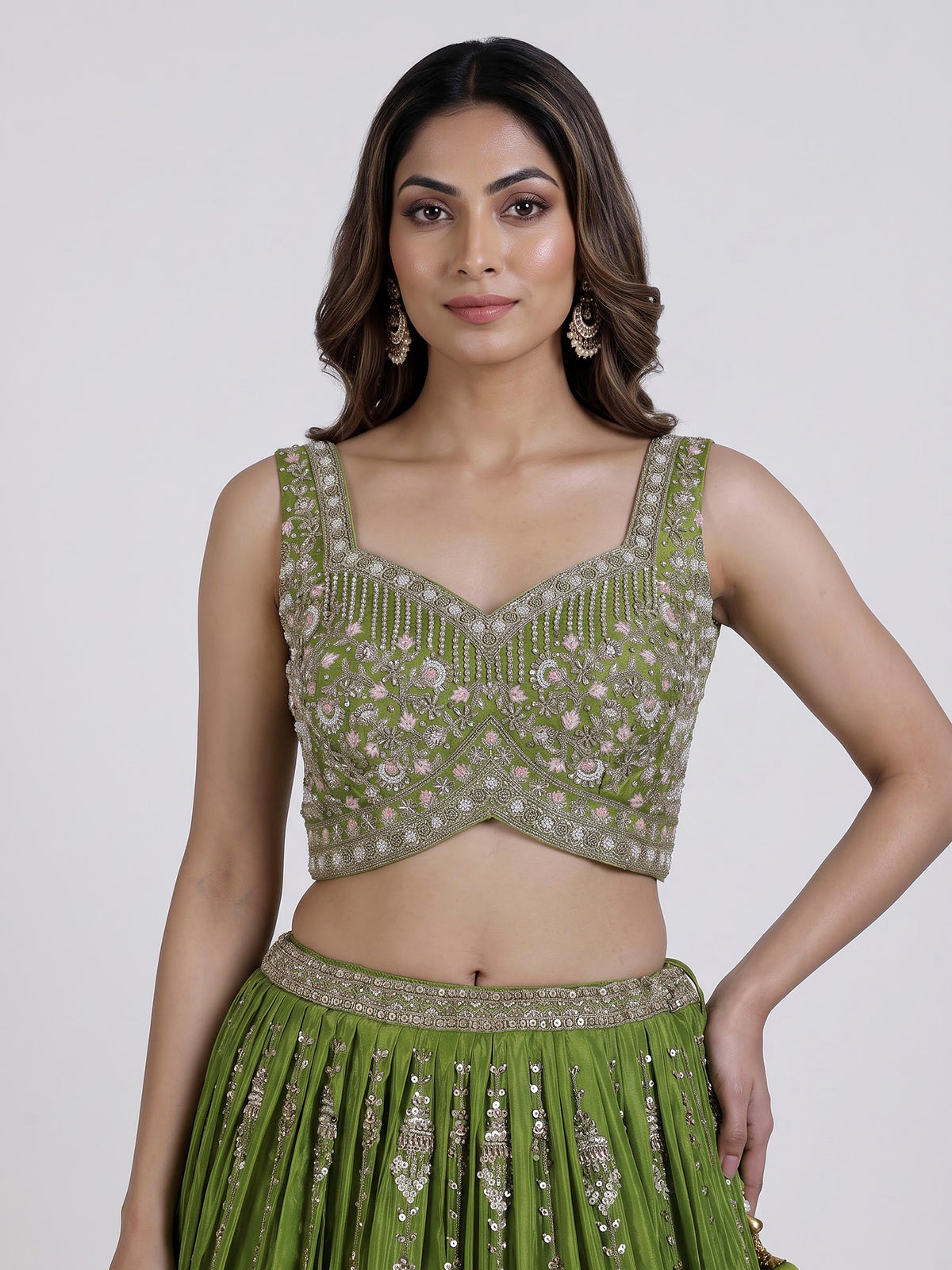 Lime green lehenga choli with silver scallops