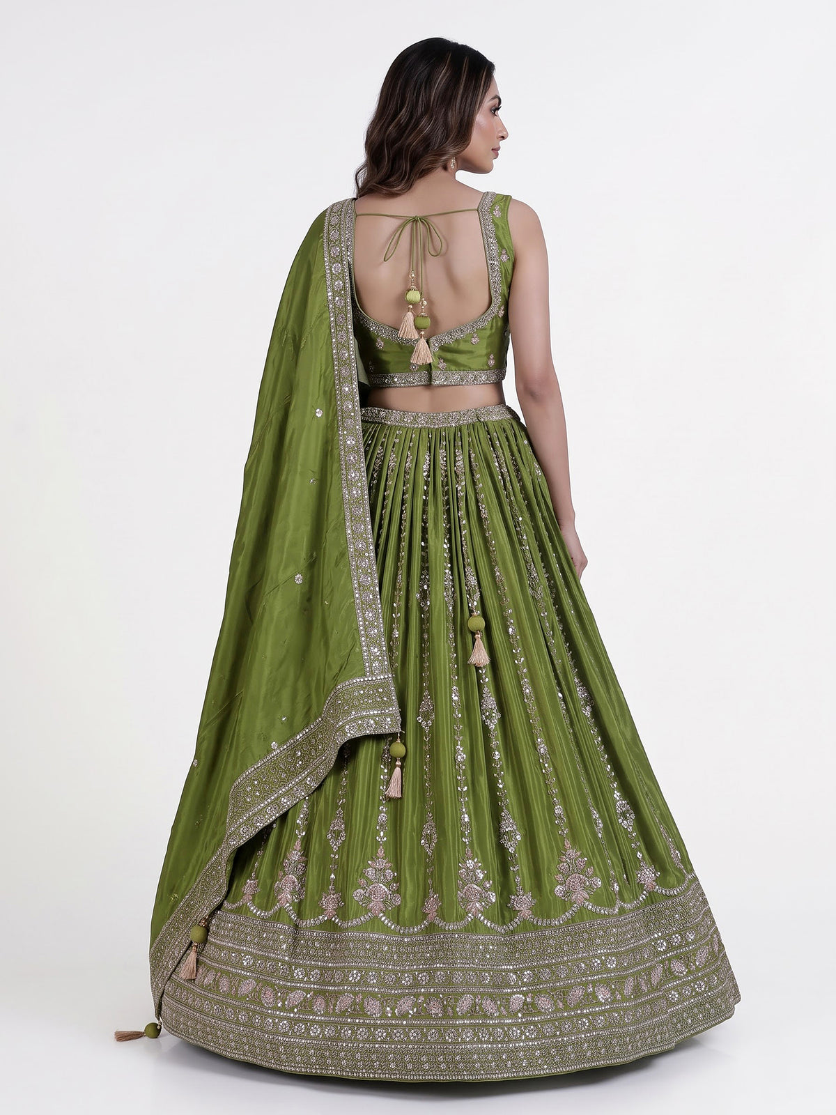 Lime green lehenga choli with silver scallops