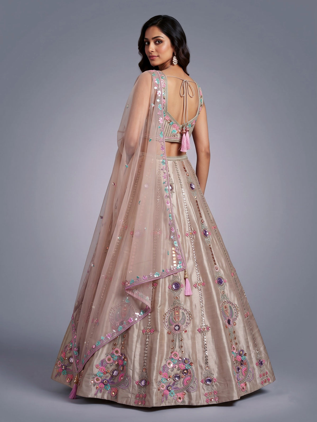 Beige mirror lehenga with pastel dupatta