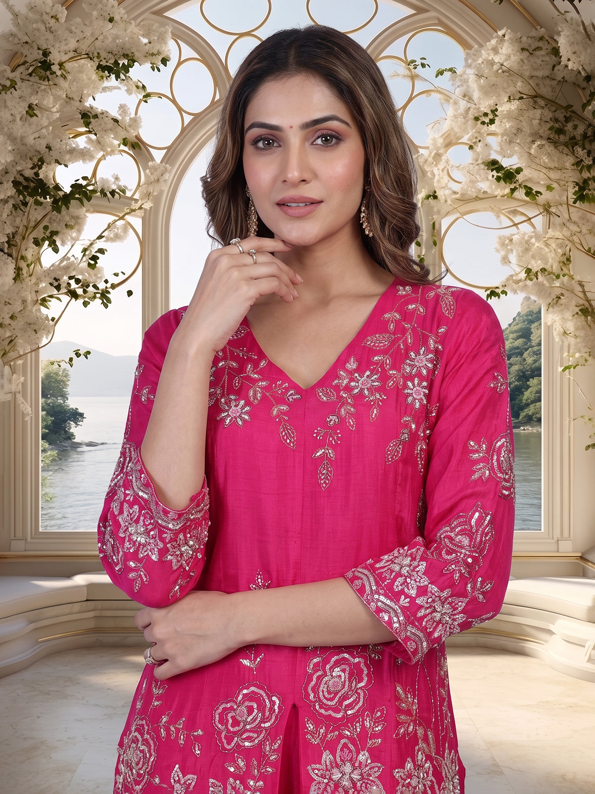 Rani pink embroidered cotton silk sharara suit with organza dupatta