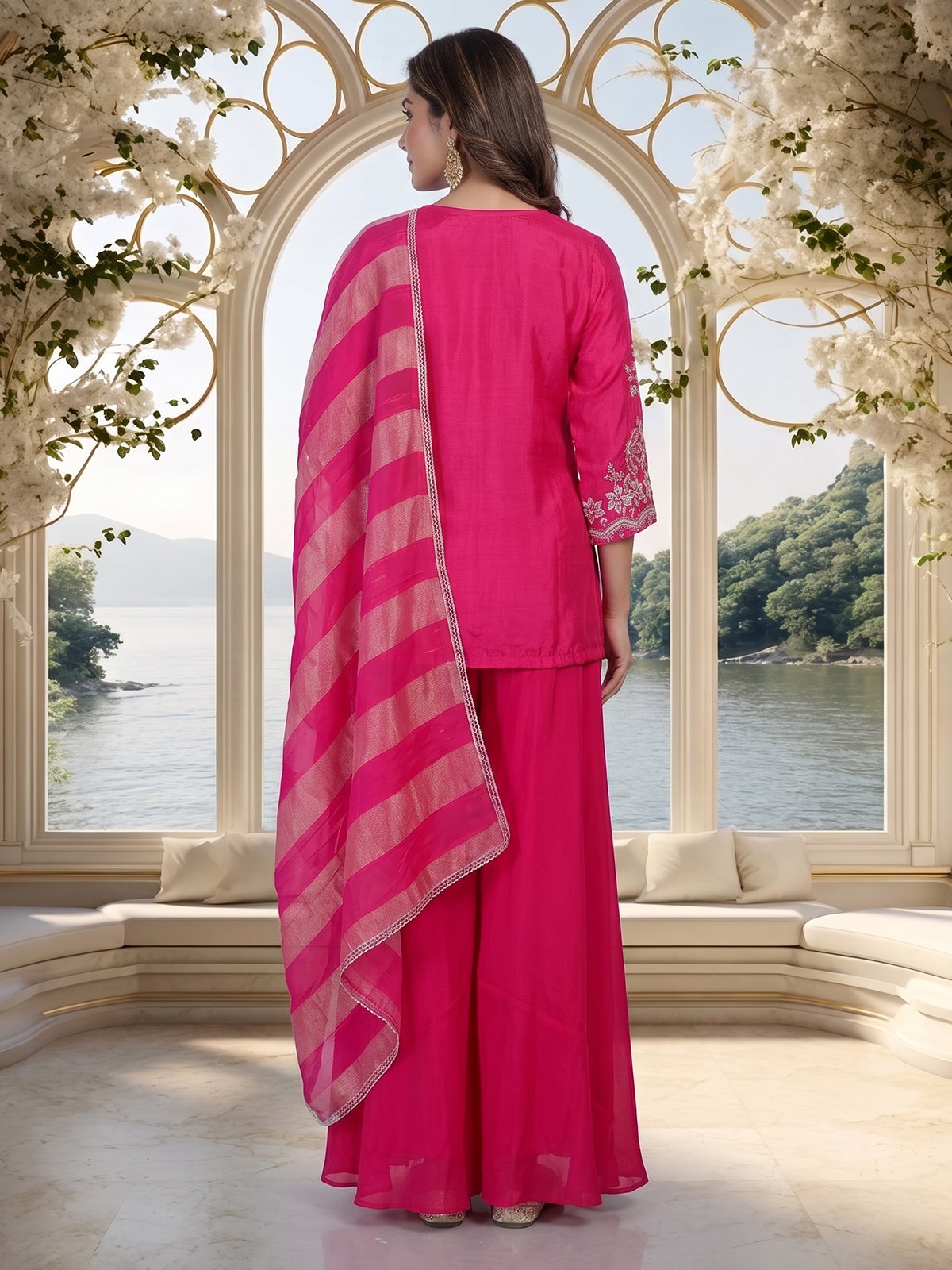 Rani pink embroidered cotton silk sharara suit with organza dupatta