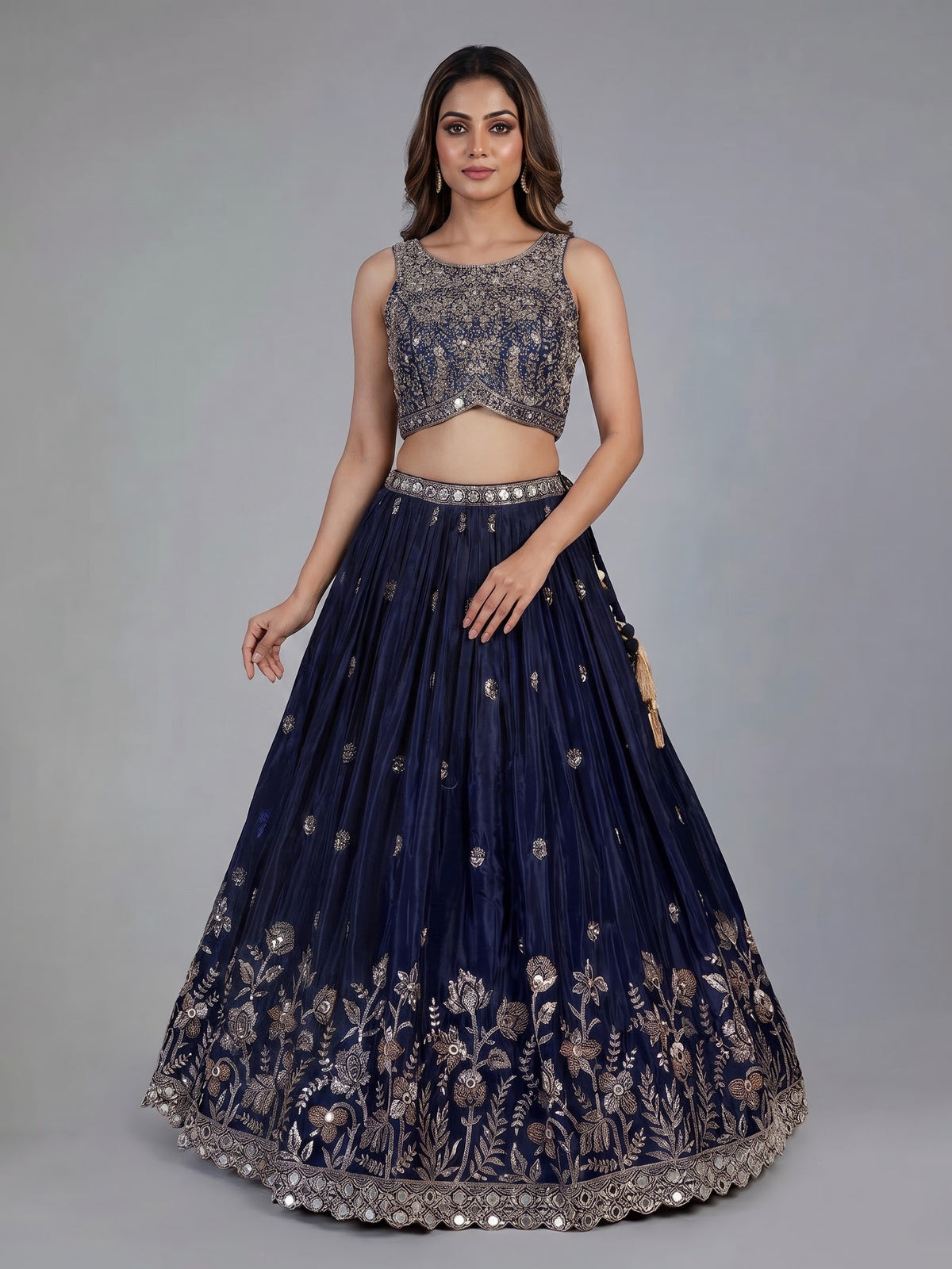 Navy blue embellished silk wedding lehenga choli creation