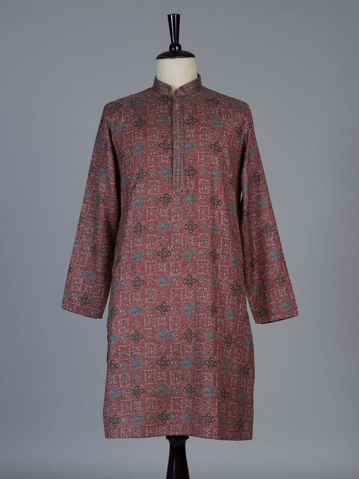 Wine cotton silk printed festive kurta suit for men with classic mandarin collar