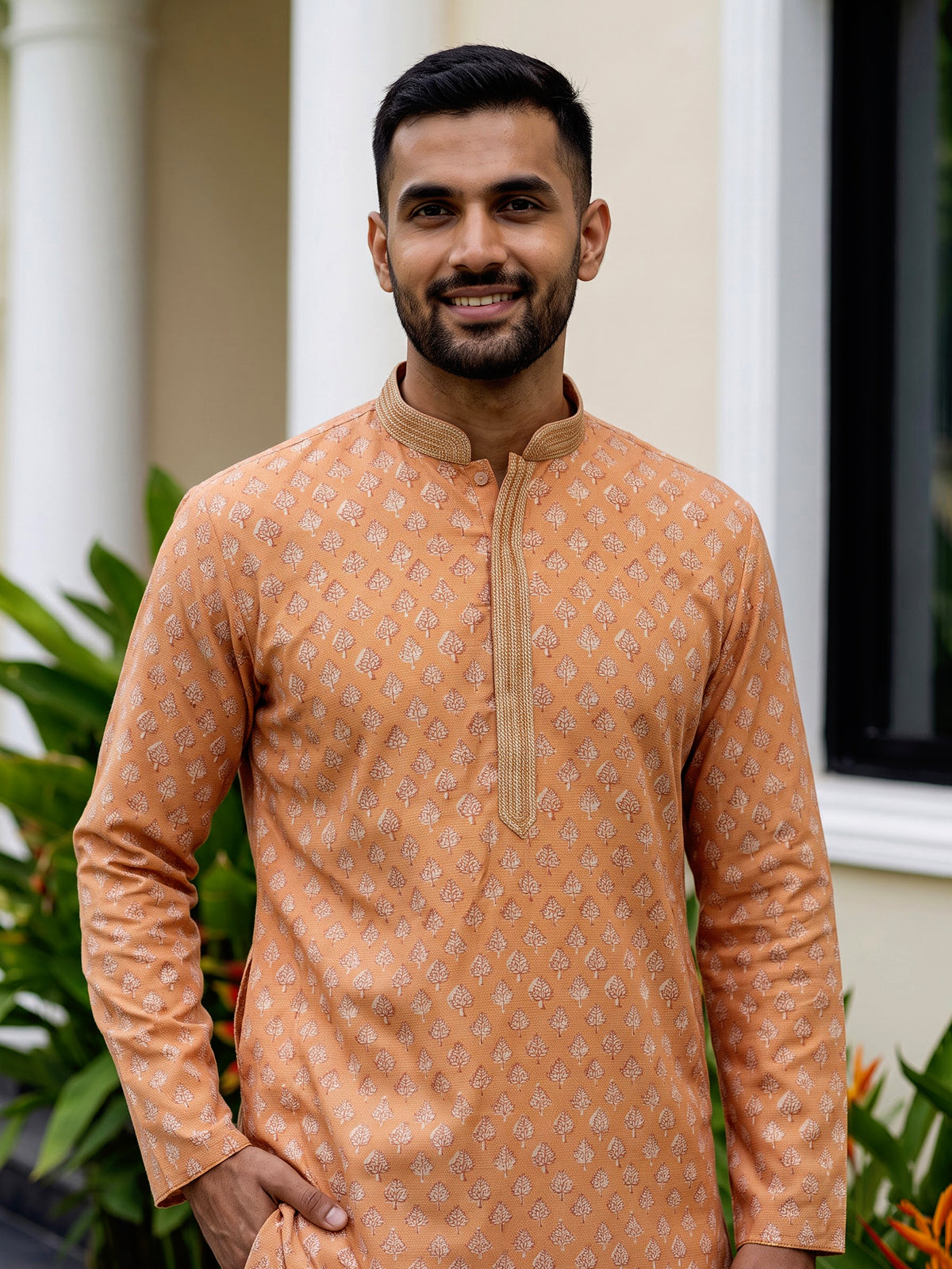 Peach cotton silk printed festive kurta suit for men with elegant mandarin collar