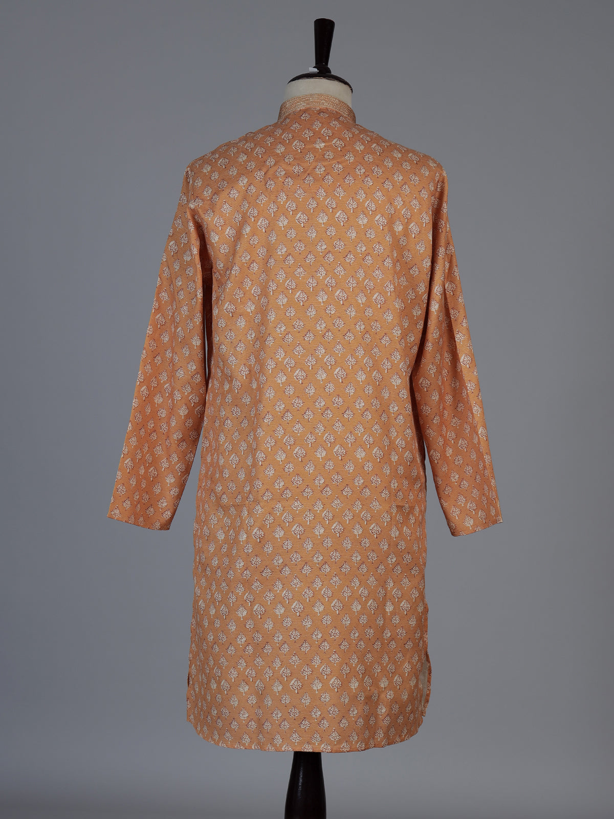 Peach cotton silk printed festive kurta suit for men with elegant mandarin collar