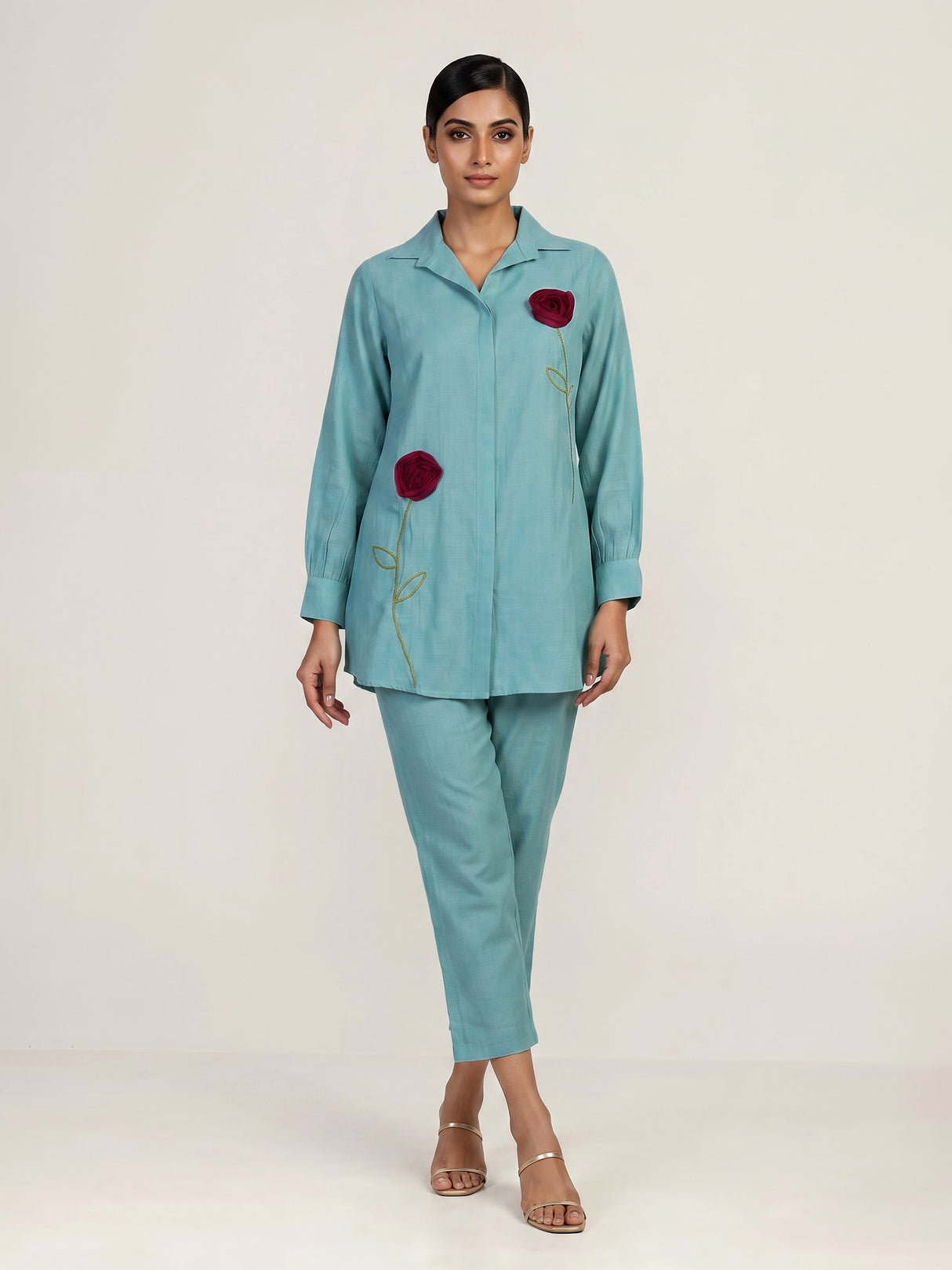 Elegant aqua blue linen co ord set with delicate threadwork