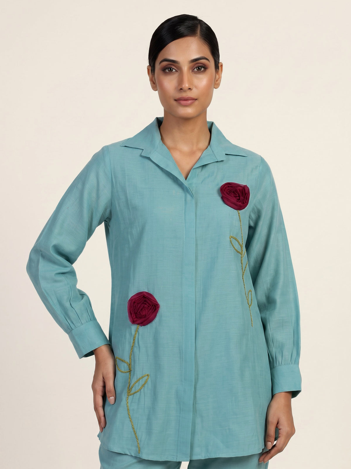 Elegant aqua blue linen co ord set with delicate threadwork