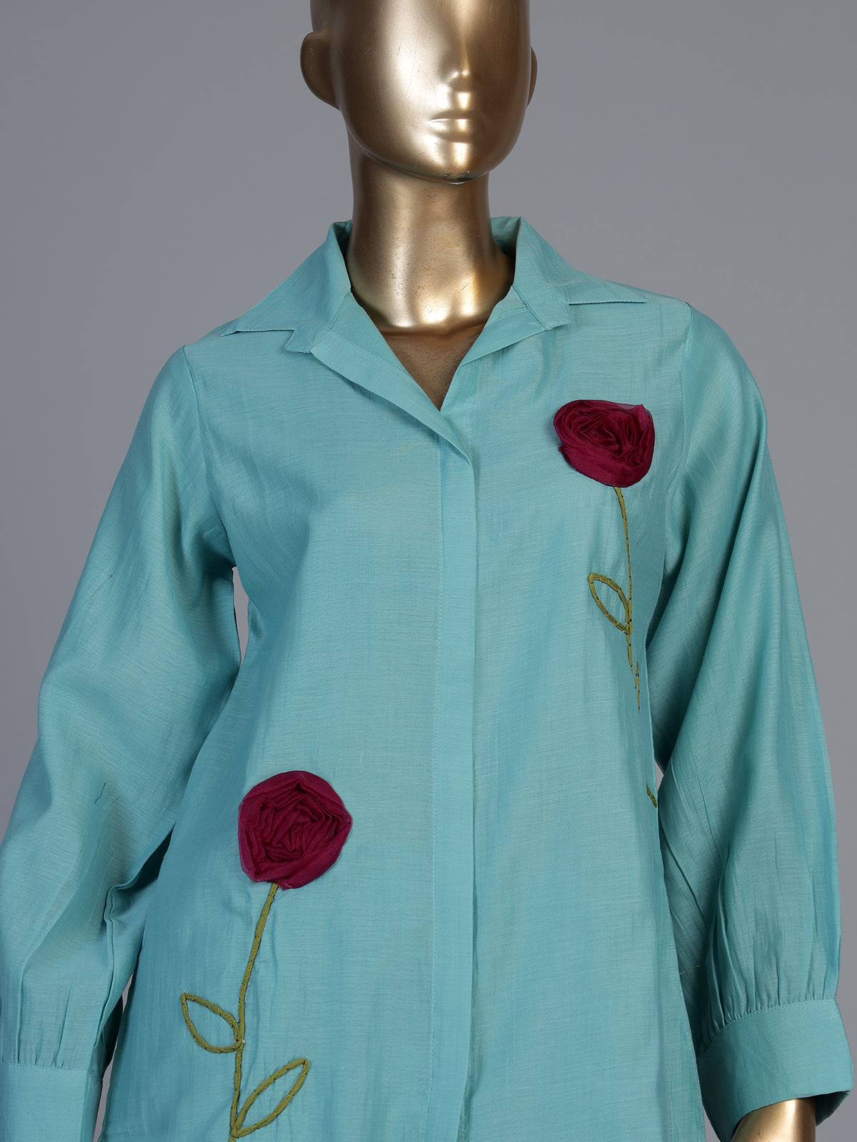 Elegant aqua blue linen co ord set with delicate threadwork