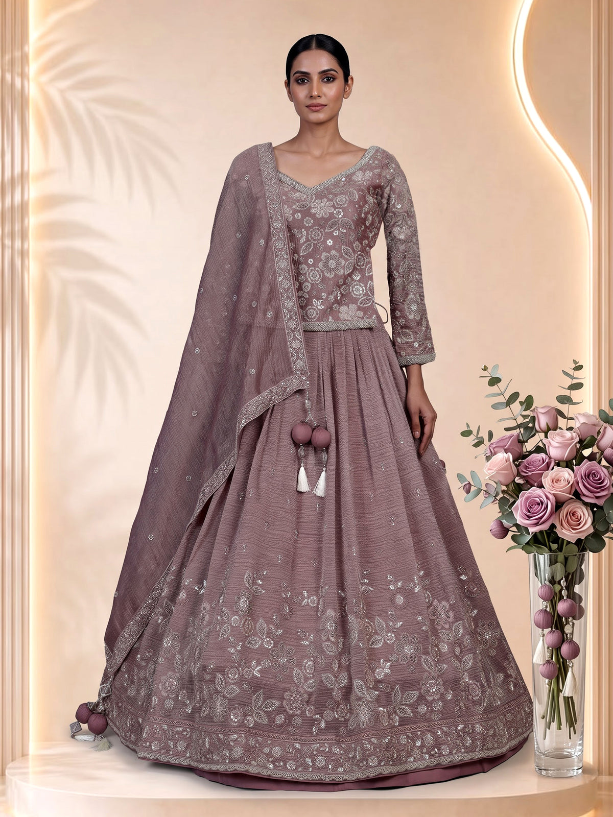 Onion pink pearl tassel women lehenga choli