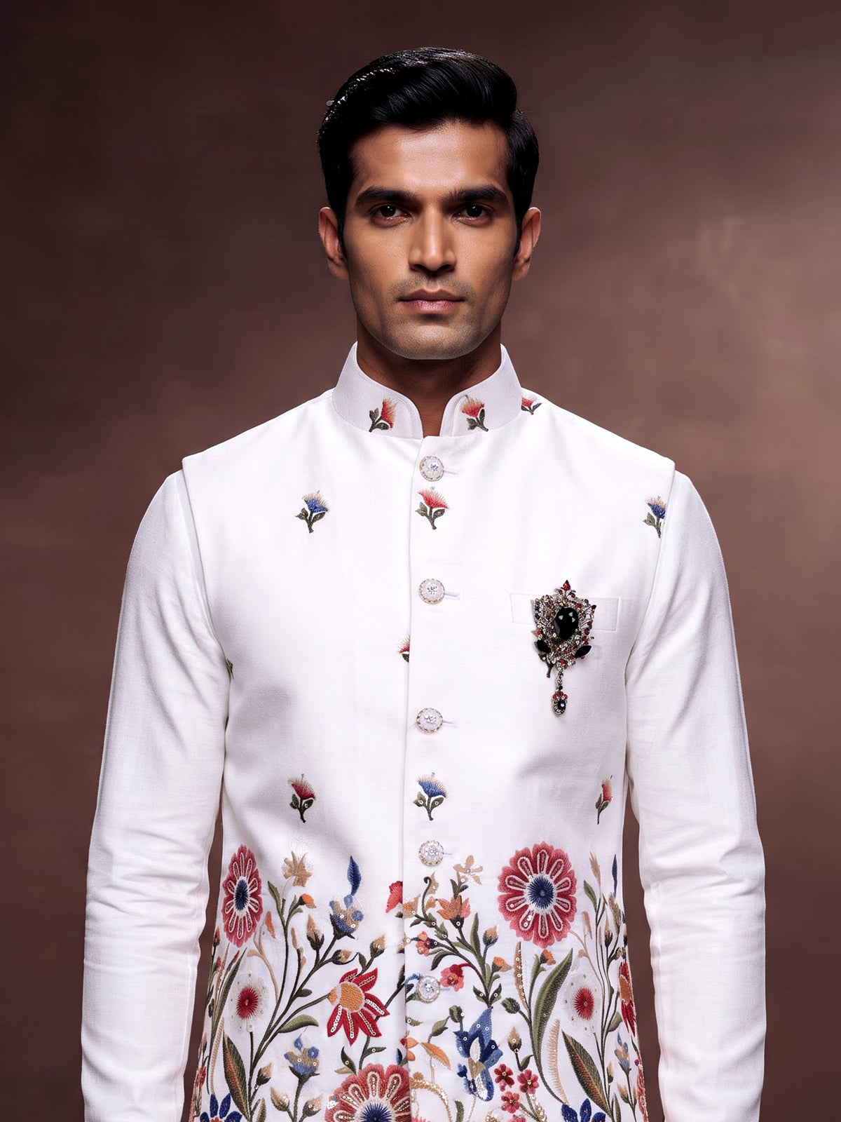 White botanical mens waistcoat set