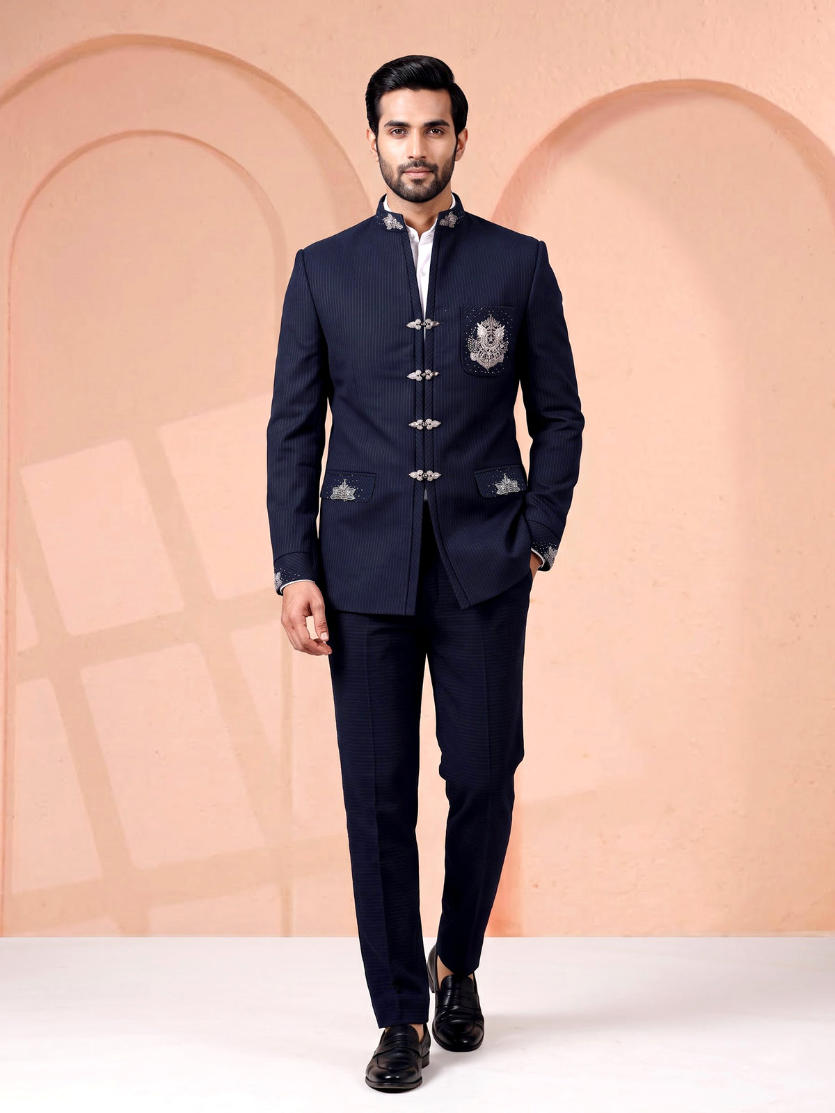 Midnight navy Jodhpuri suit with silver crest embroidery