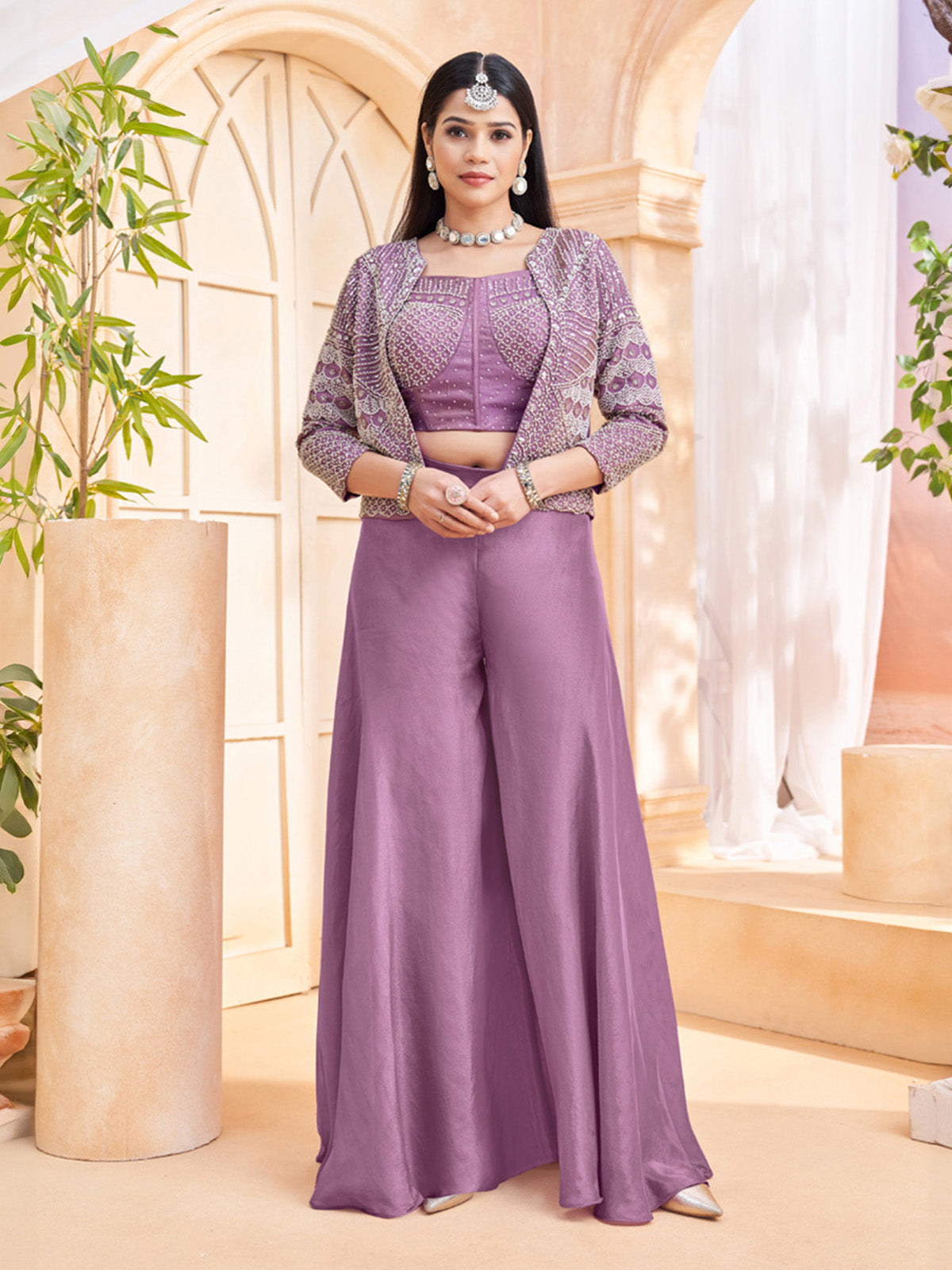 Purple silk designer jacket style palazzo suit for wedding wear