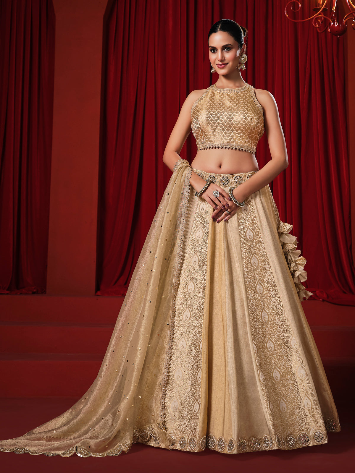 Gold silk mirror work lehenga choli