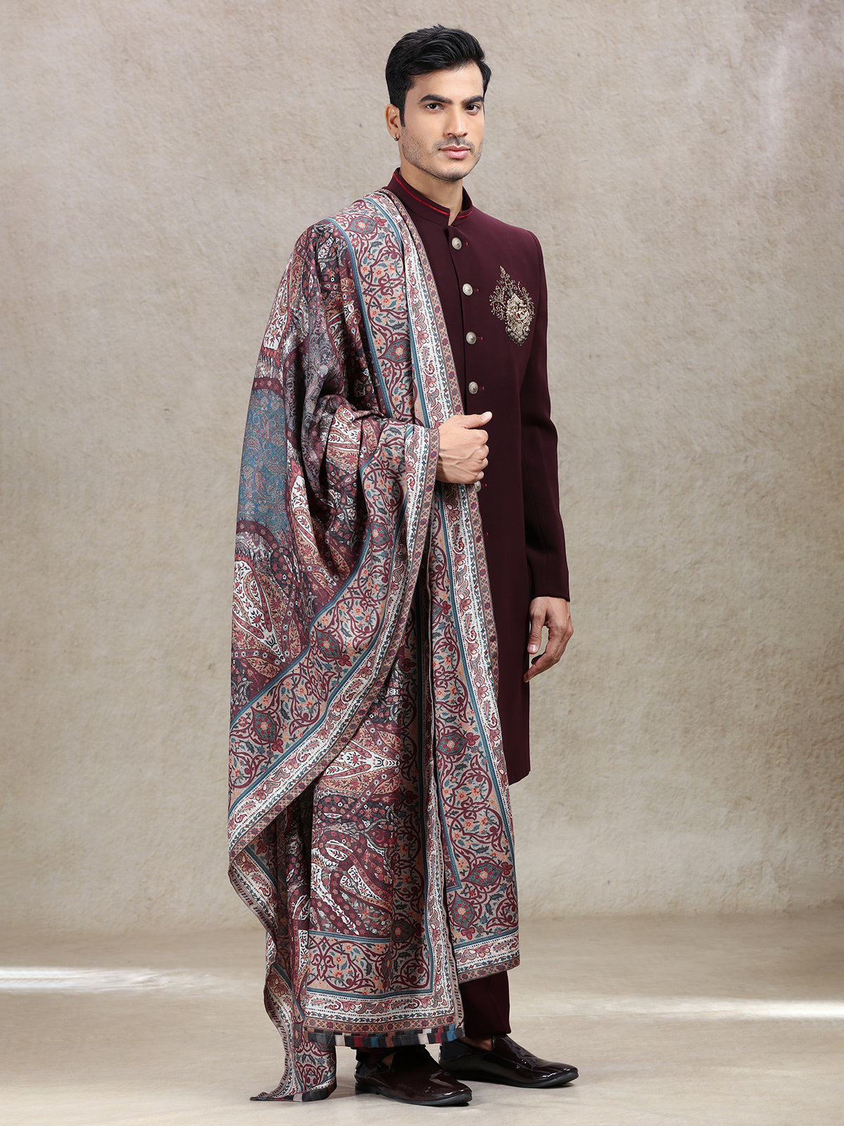 Aesthetic wine sherwani with vintage printed dupatta