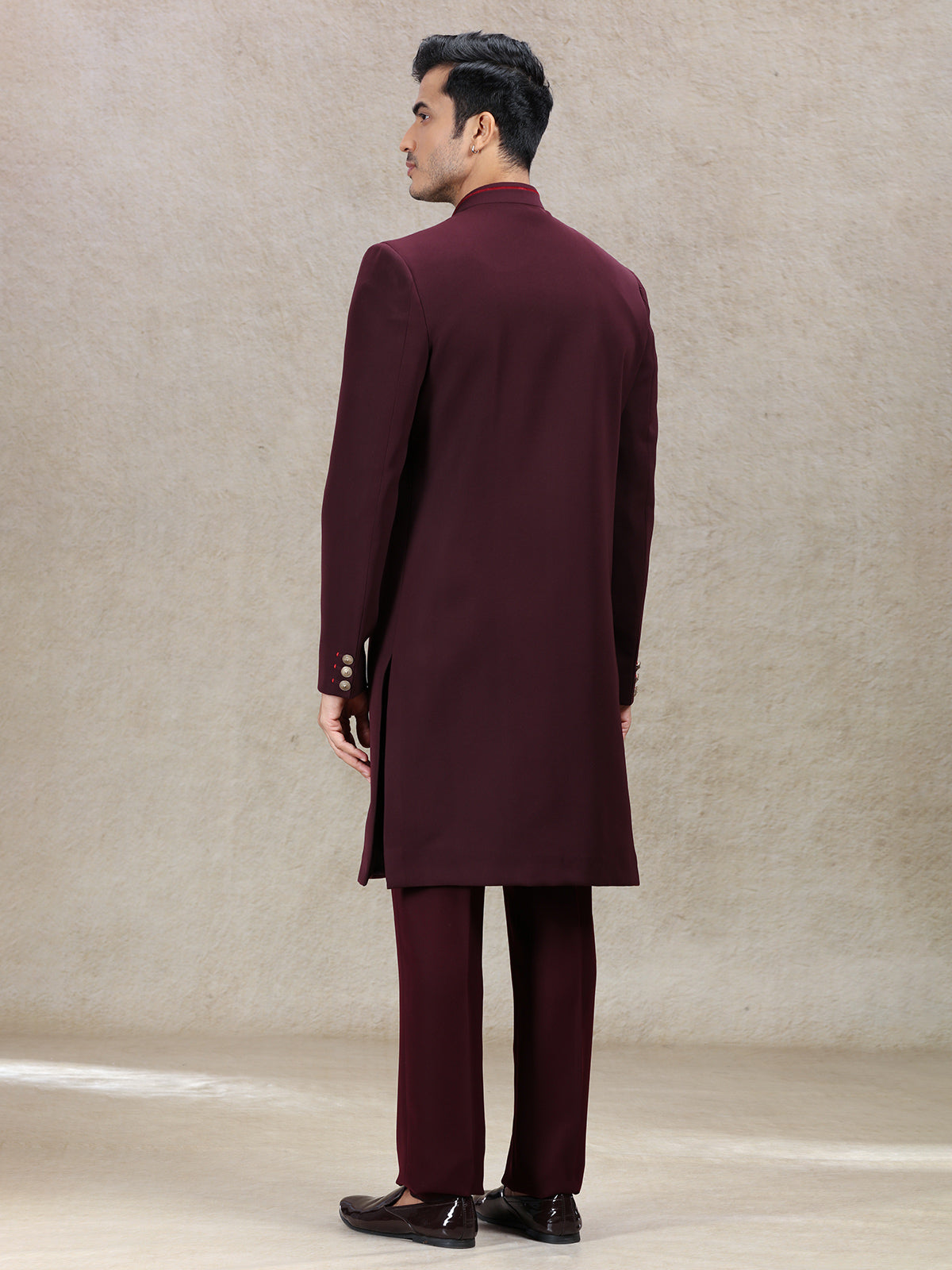 Aesthetic wine sherwani with vintage printed dupatta