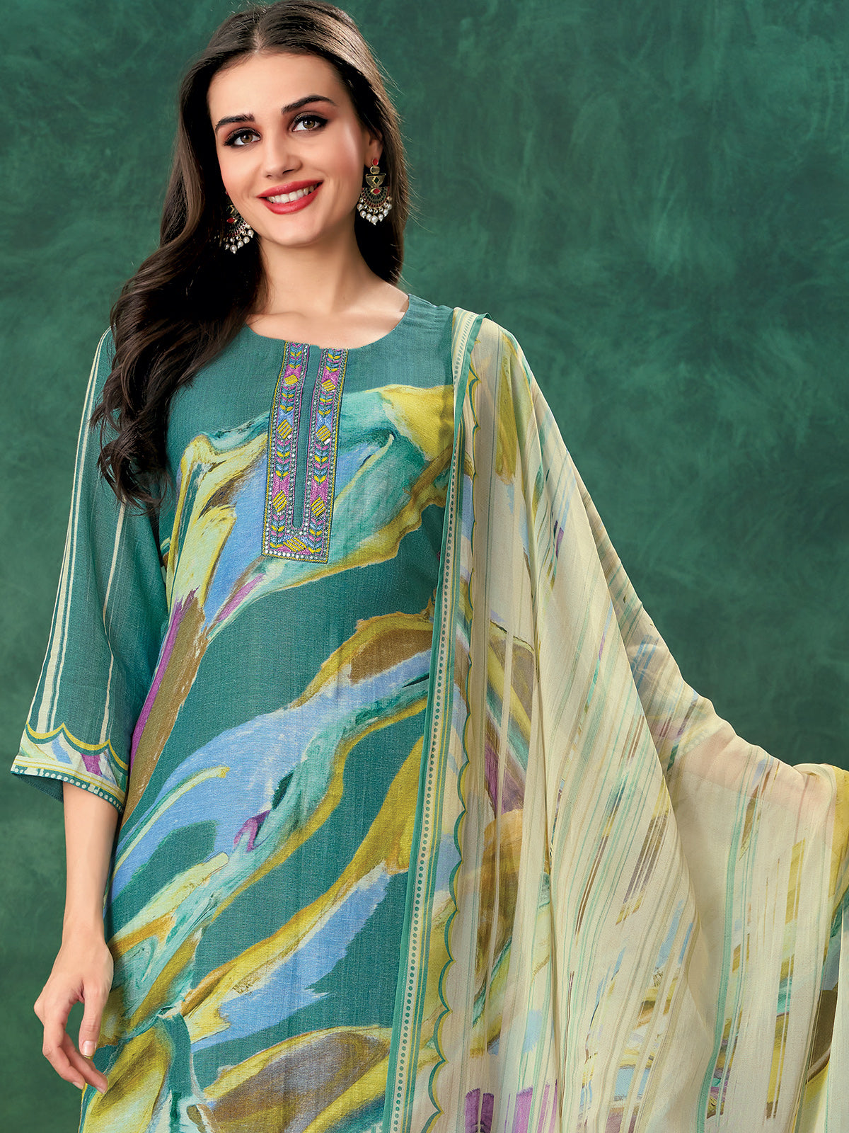 Aqua printed salwar suit in linen
