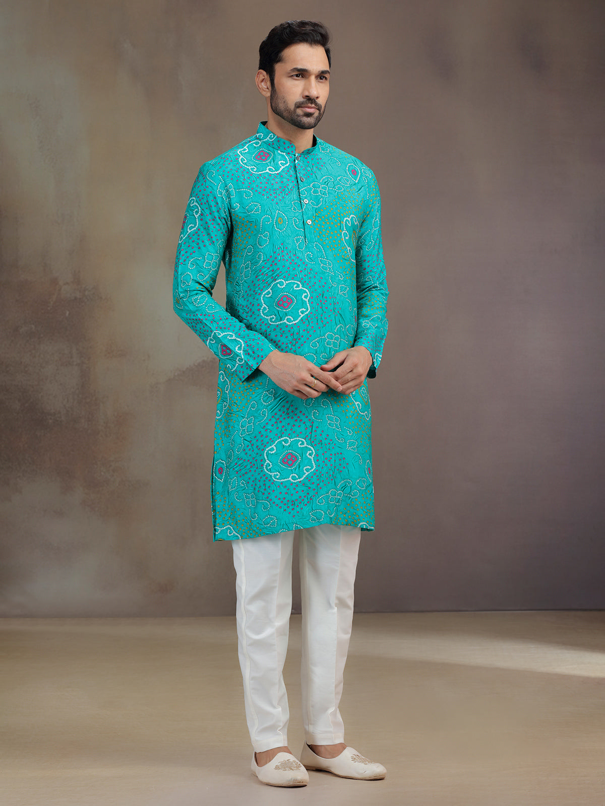 Aqua printed silk kurta pajama for festive celebration