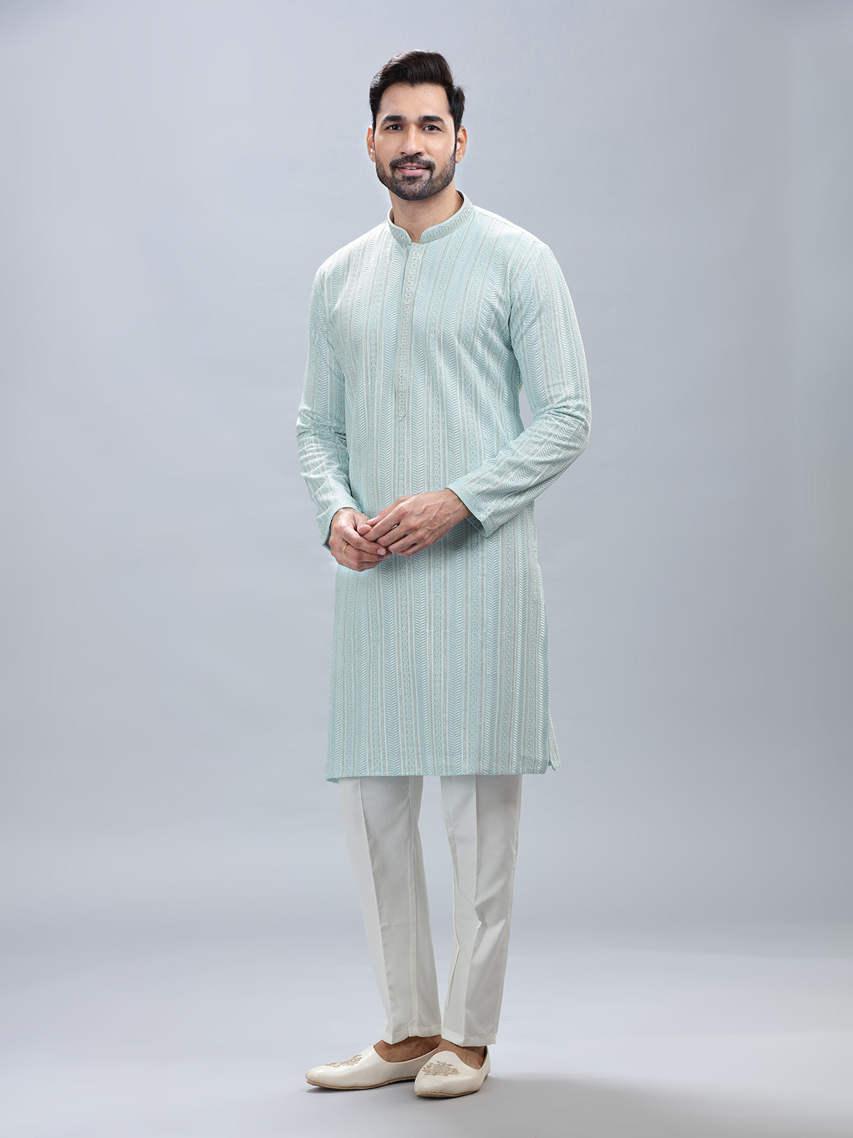 Aqua shade georgette kurta set for men
