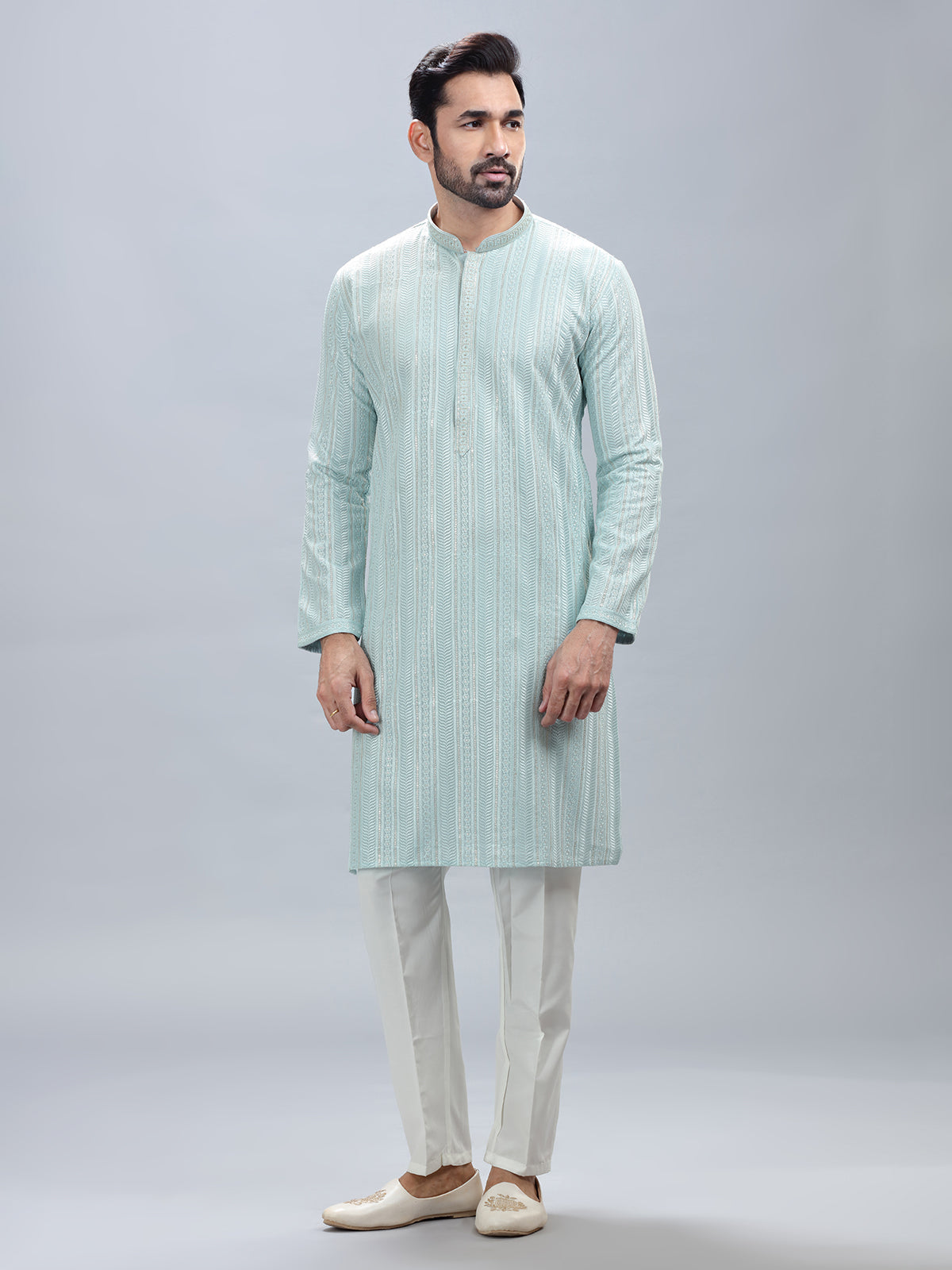 Aqua shade georgette kurta set for men