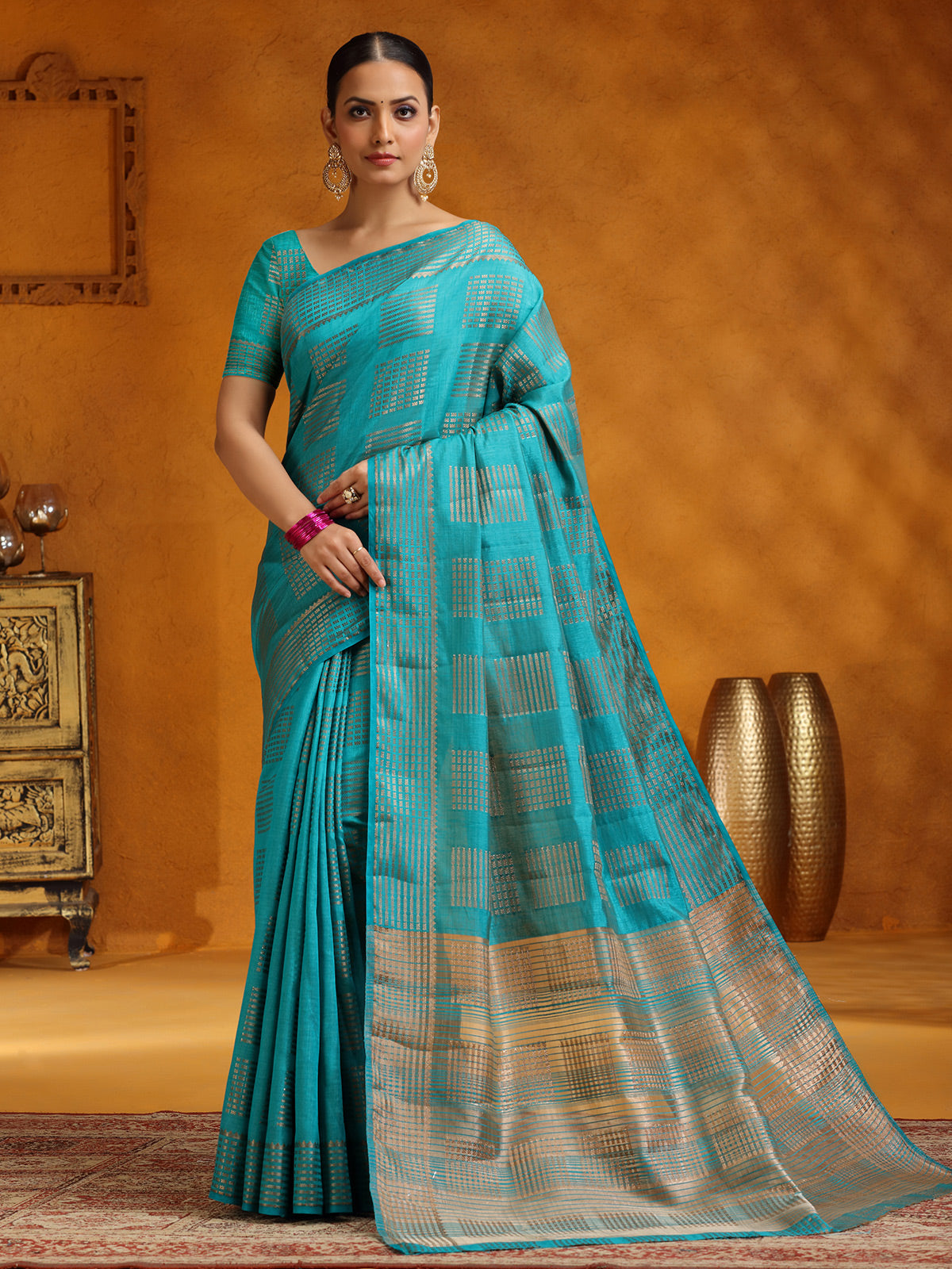Aqua silk zari worked saree