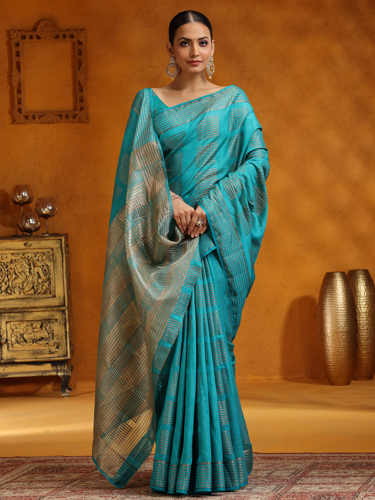 Aqua silk zari worked saree