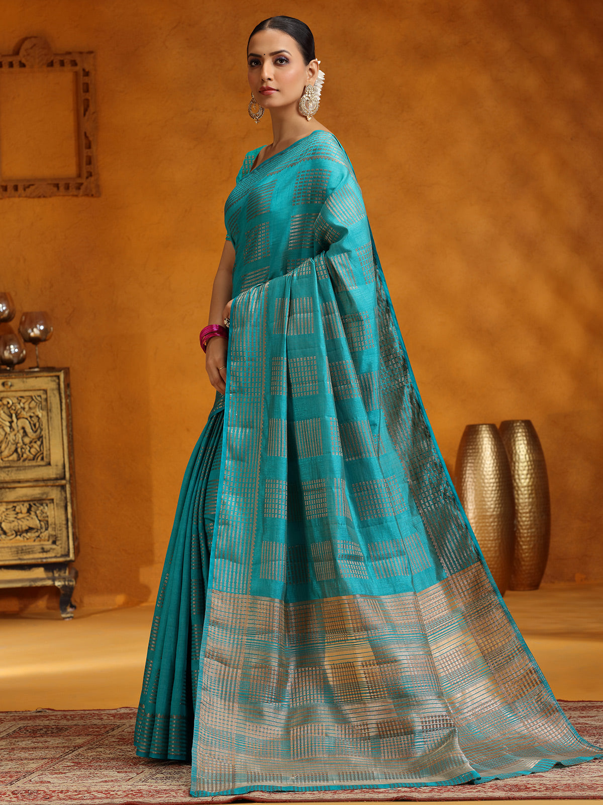 Aqua silk zari worked saree