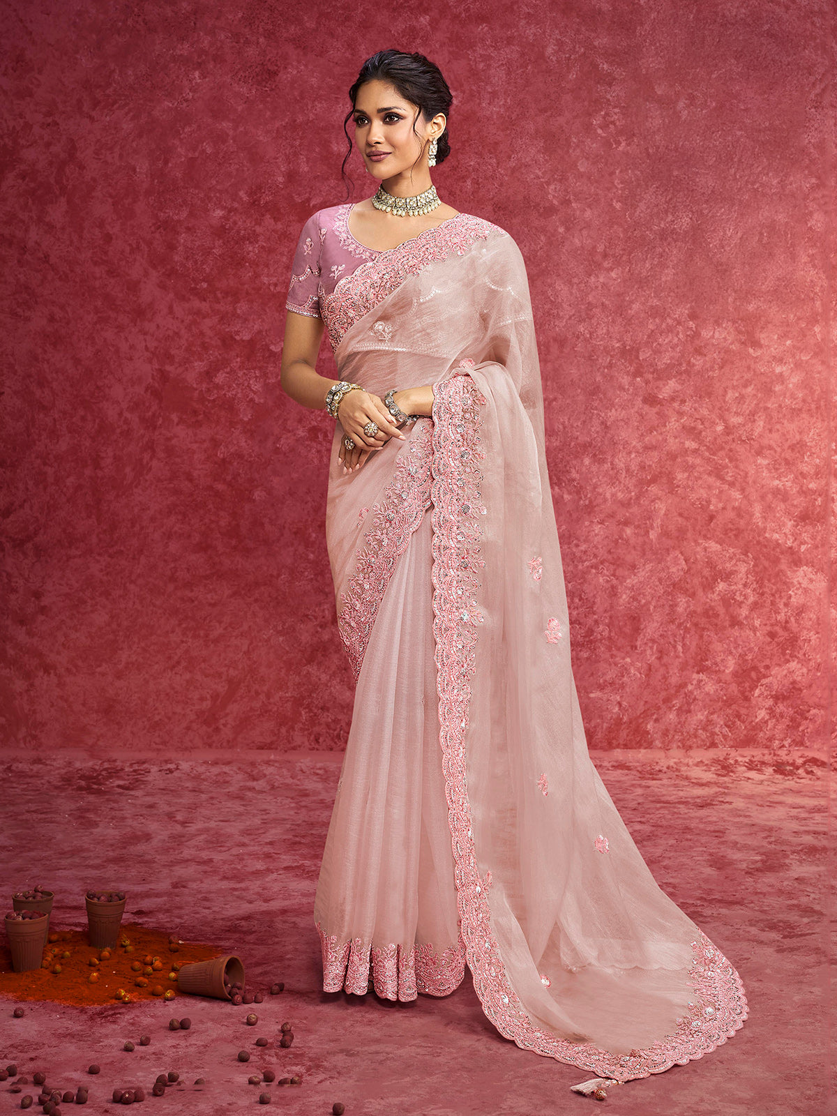 Baby pink tissue silk saree with rich border embellishment