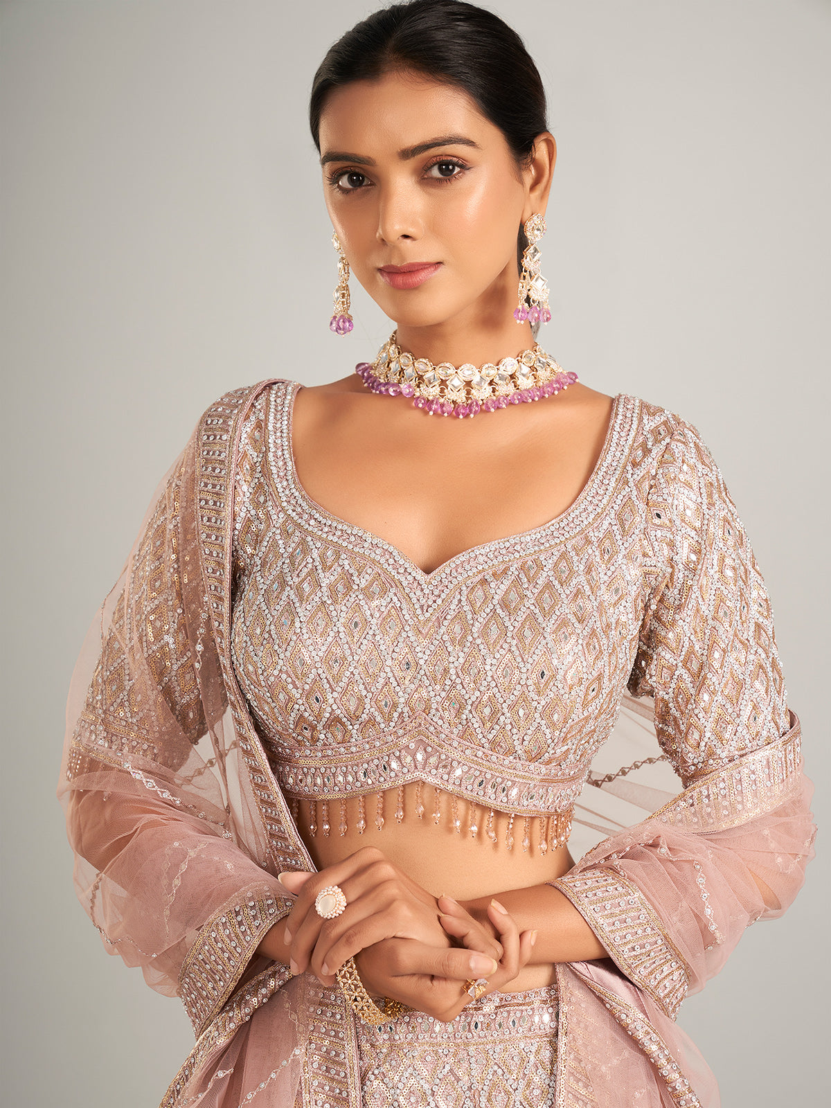 Beautiful onion hue lehenag choli in net