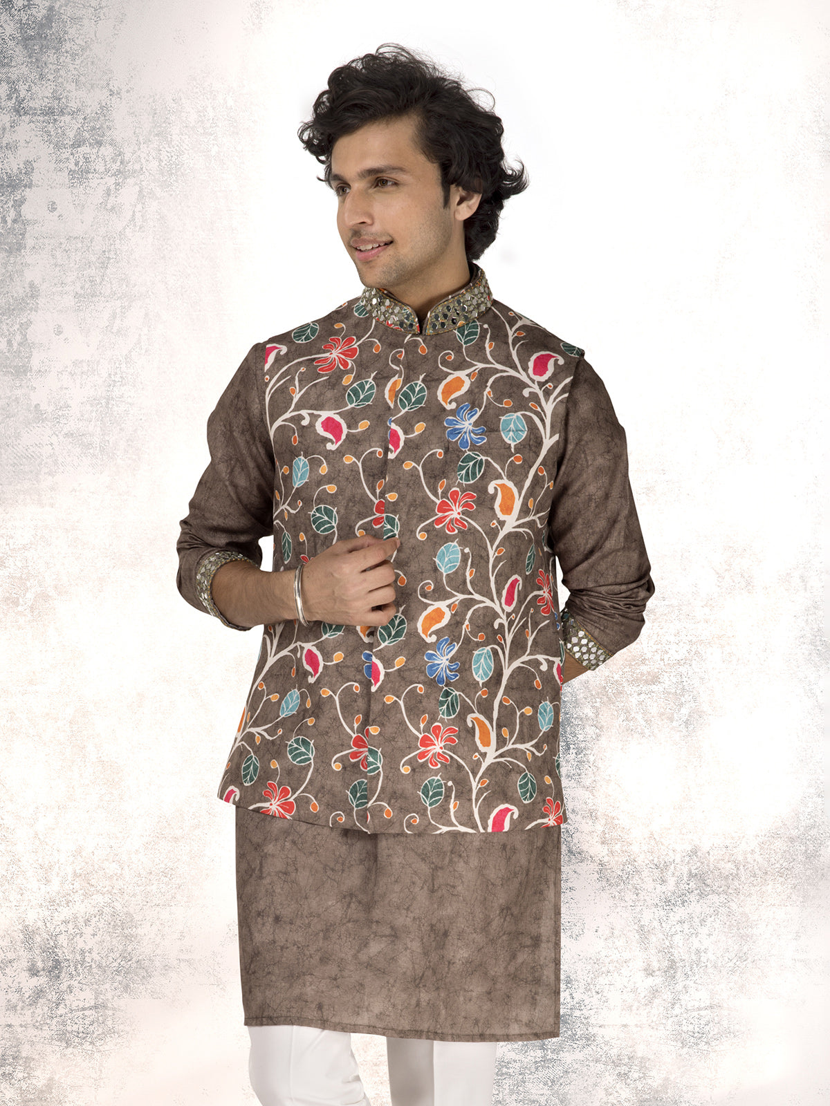 Beaver brown linen cotton printed waistcoat set