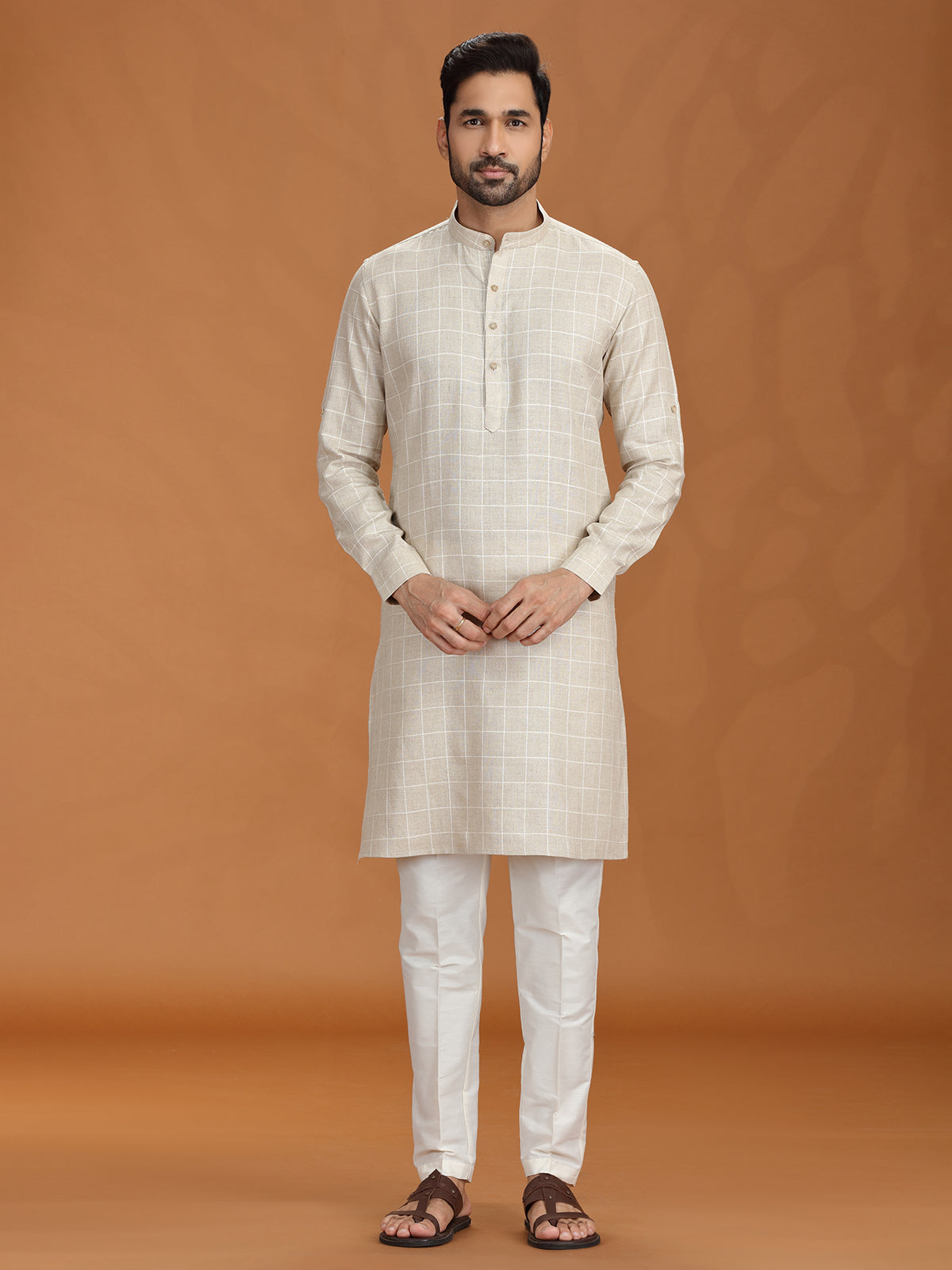 Beige checked linen kurta set for mens