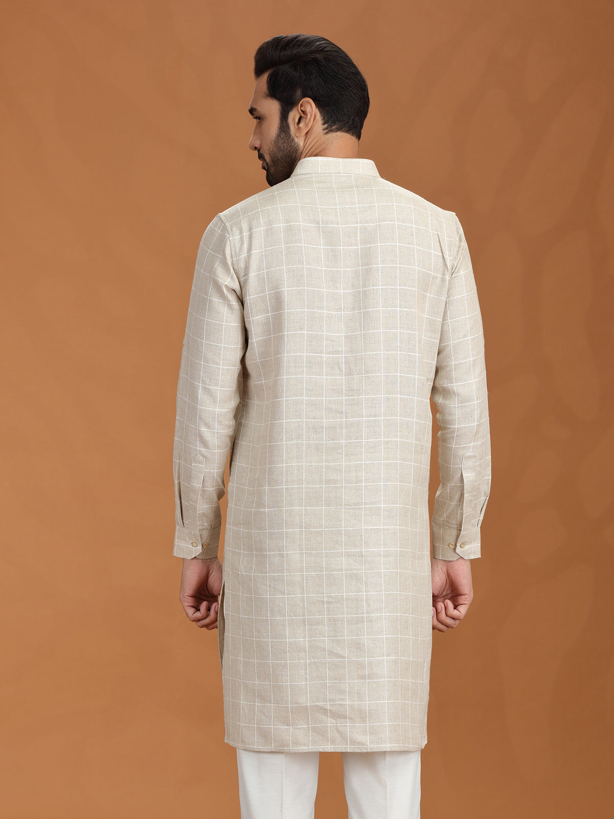 Beige checked linen kurta with mandarin collar