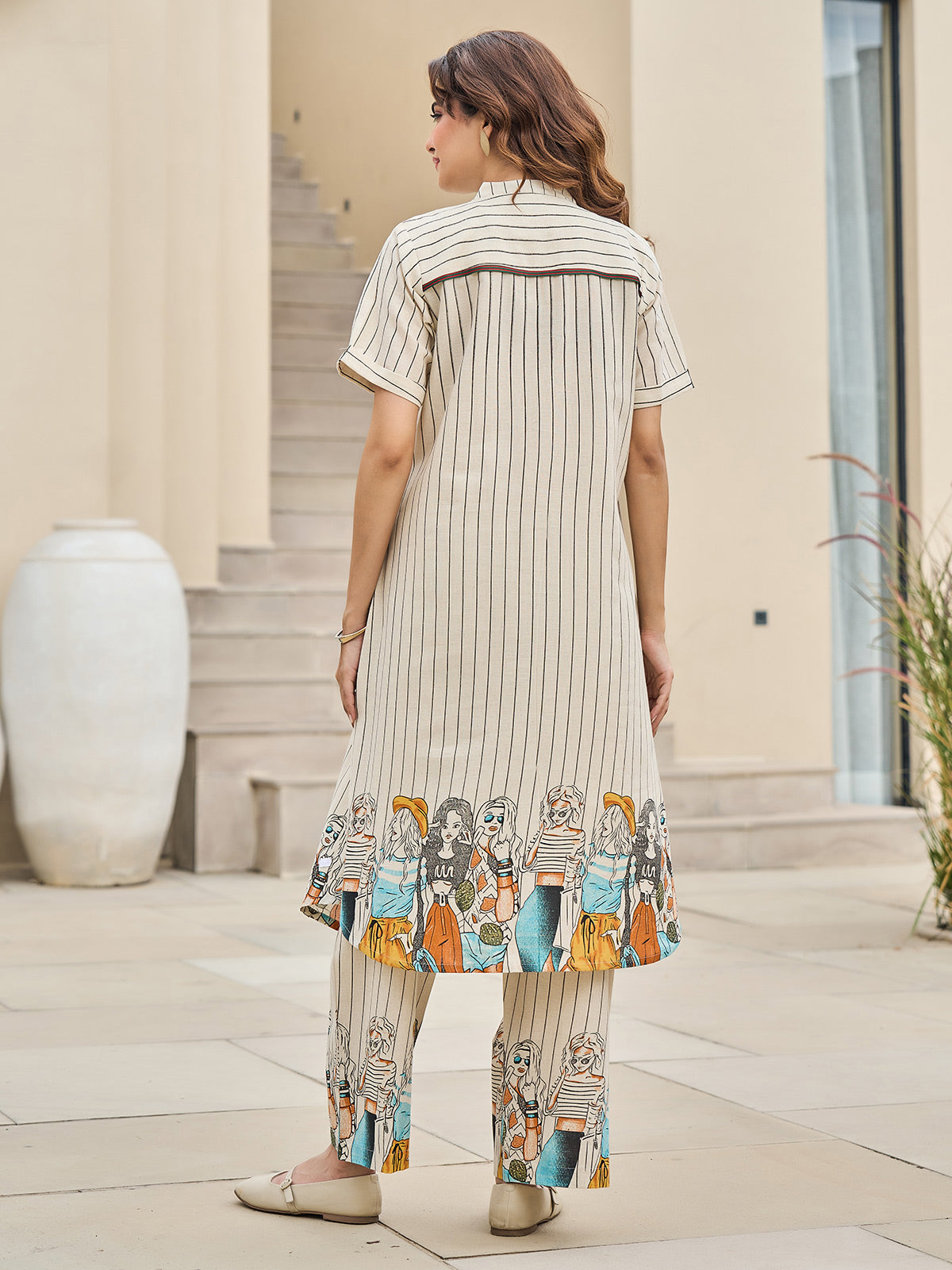 Beige cotton kurti set with print