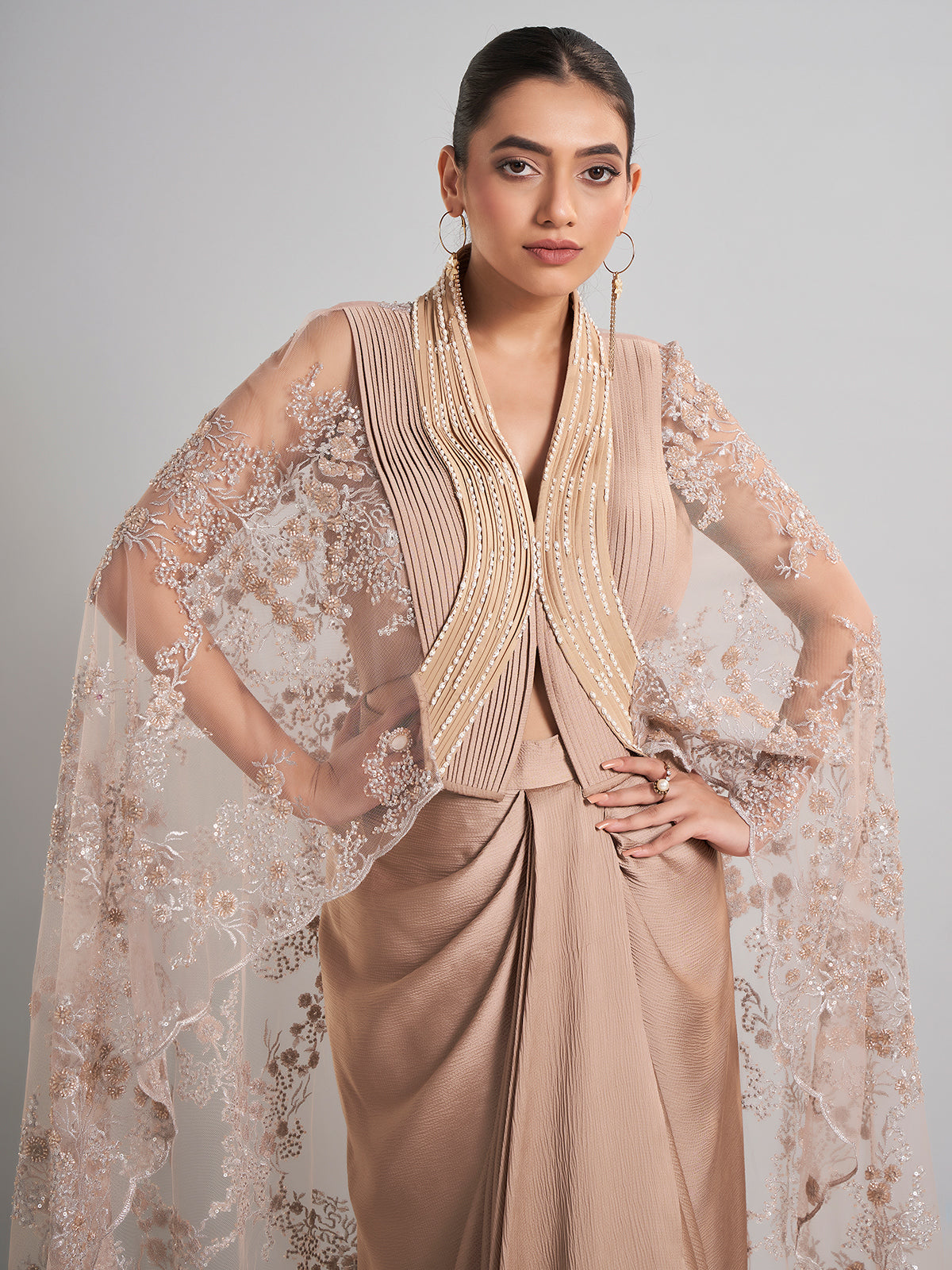 Beige designer indo western set with shrug