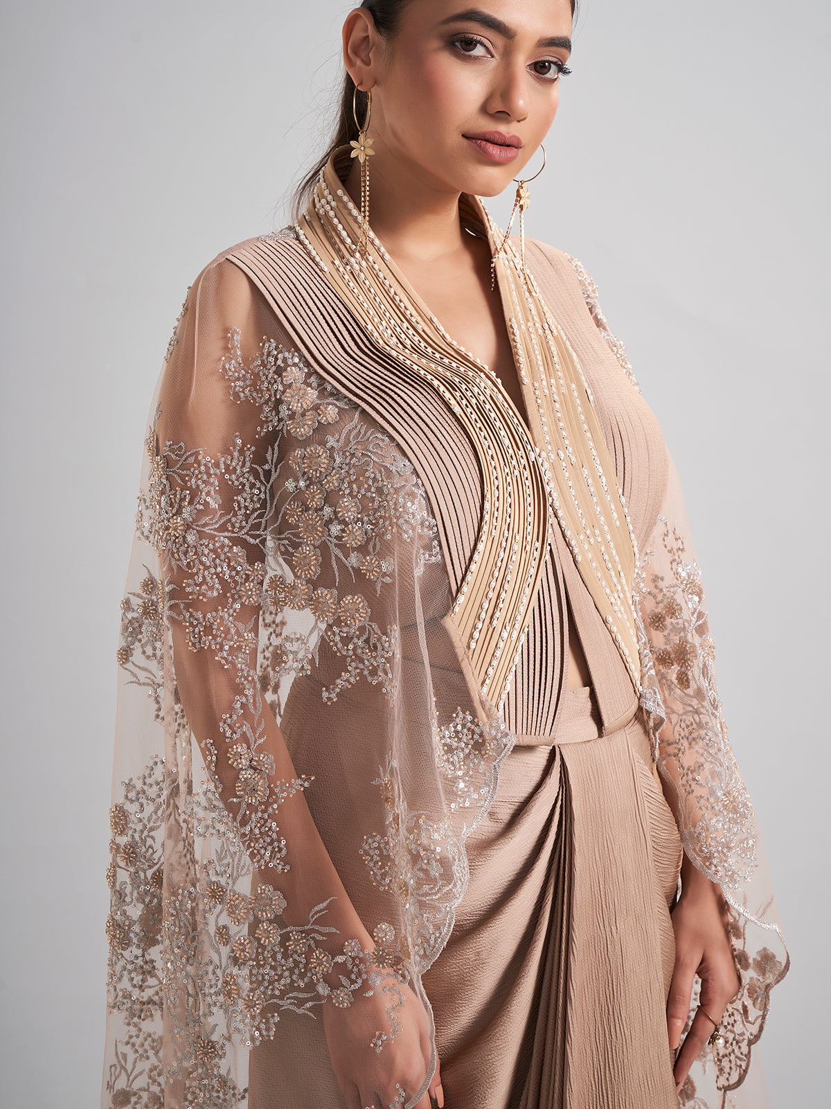 Beige designer indo western set with shrug