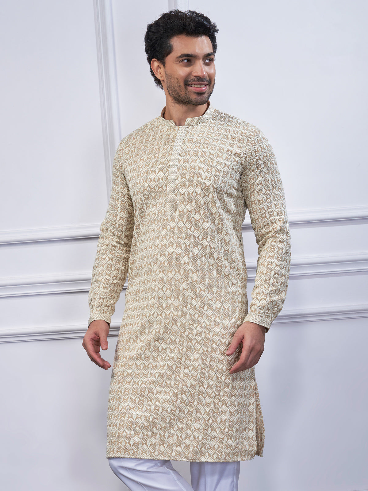 Beige embroidery cotton kurta suit for festive wear