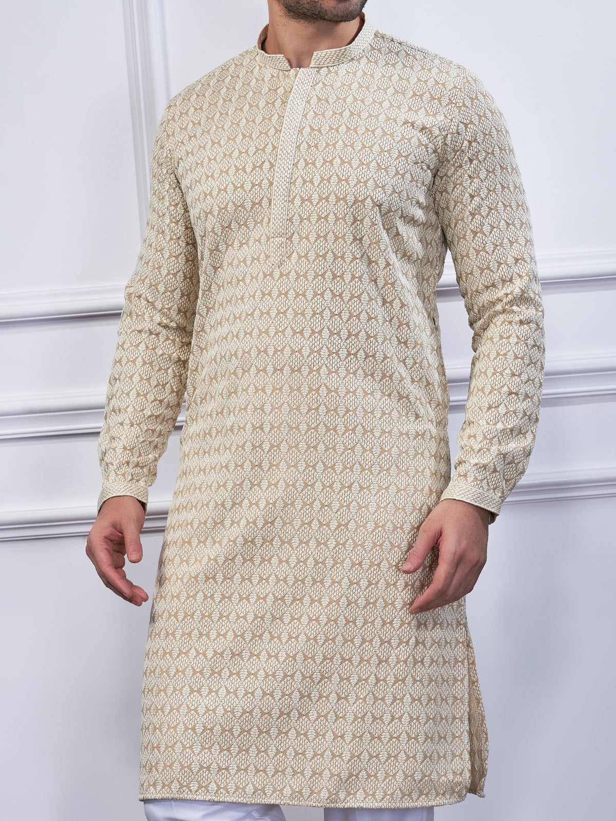 Beige embroidery cotton kurta suit for festive wear