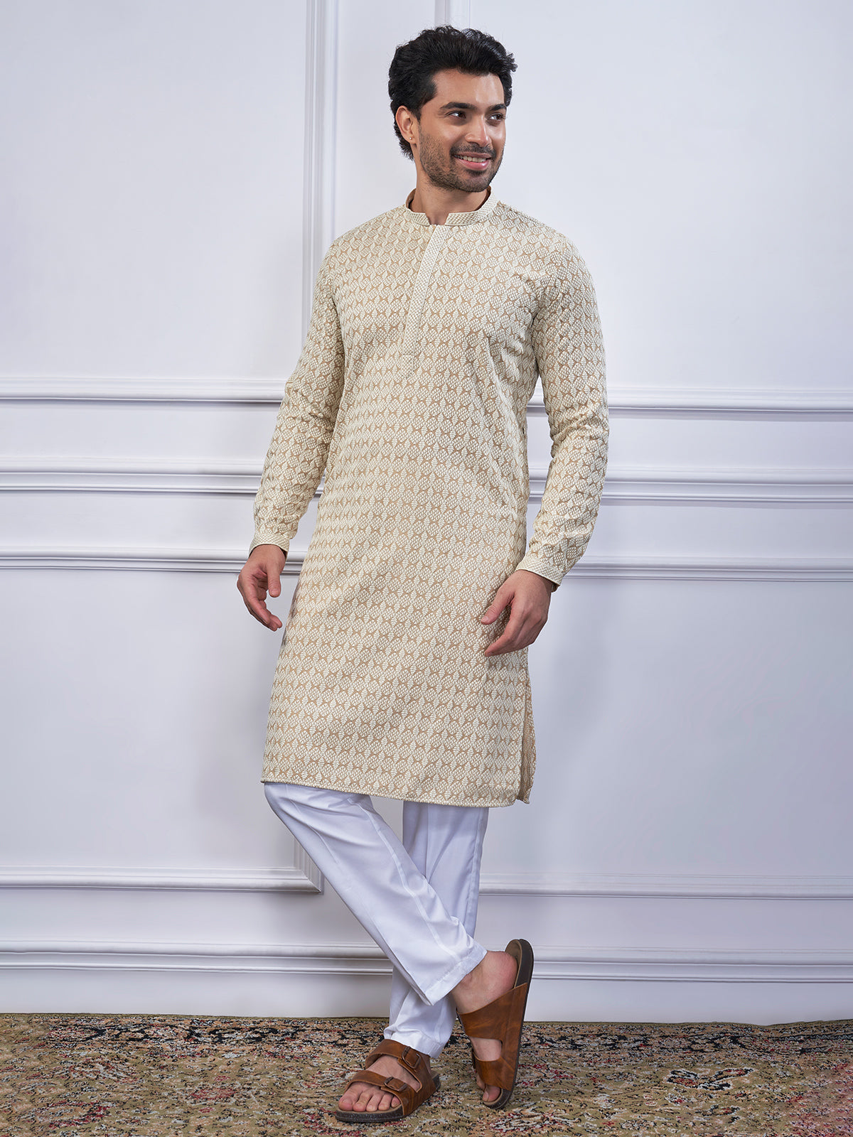 Beige embroidery cotton kurta suit for festive wear