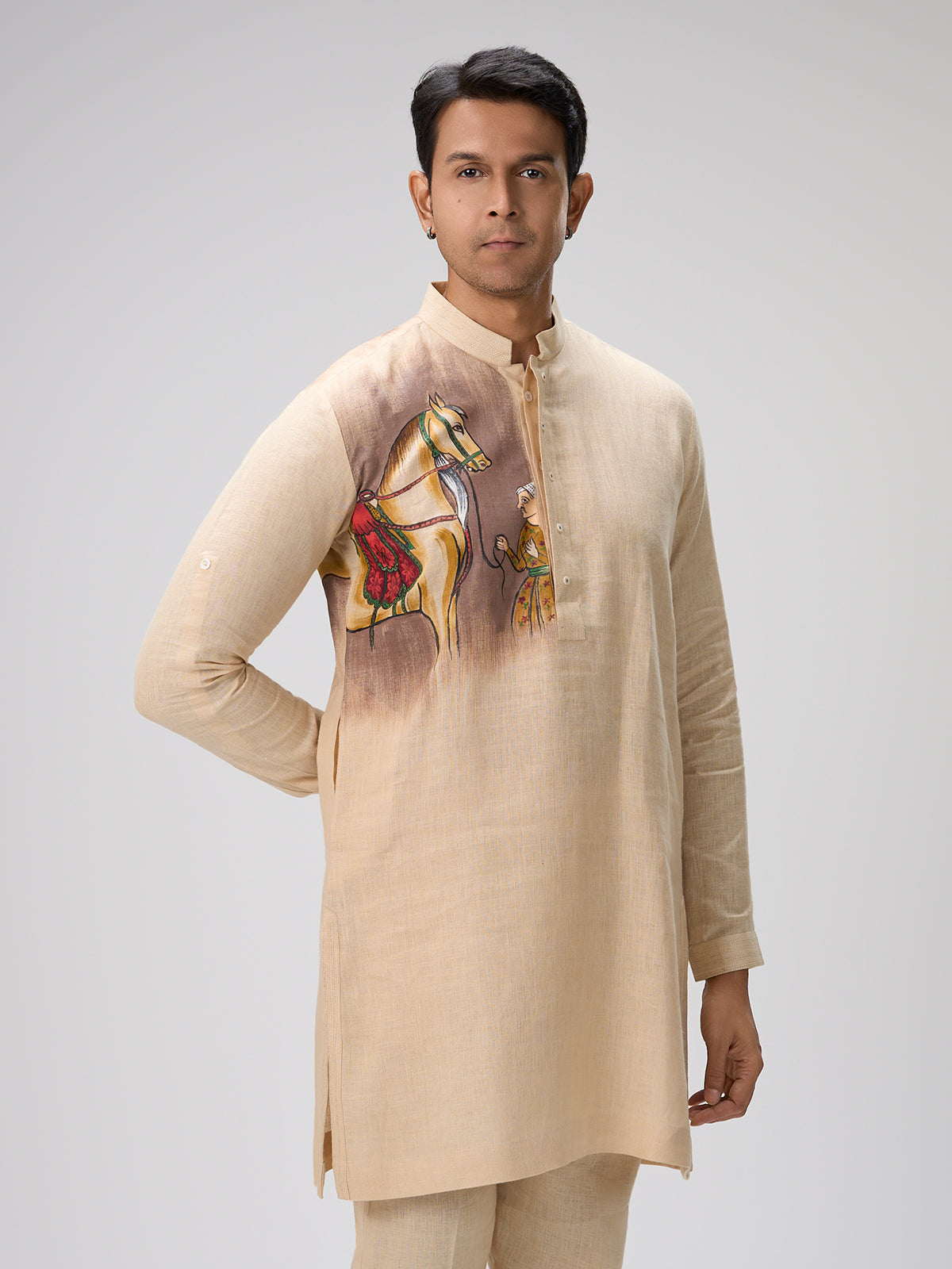 Beige horse art kurta pajama men