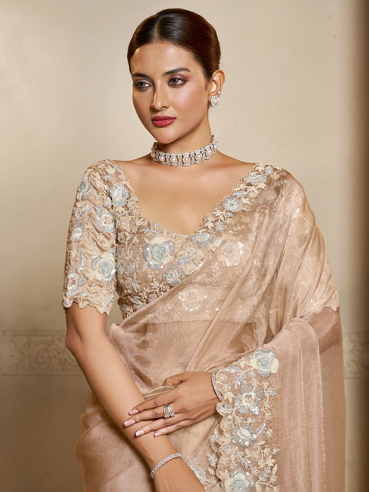 Beige organza satin saree with diamond sparkle