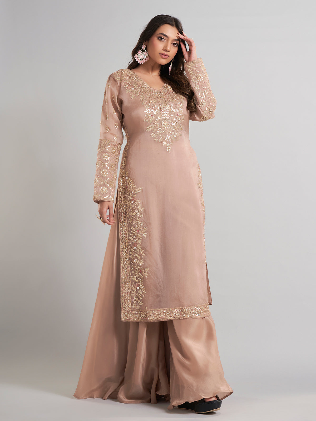Beige pakistani designer silk palazzo suit