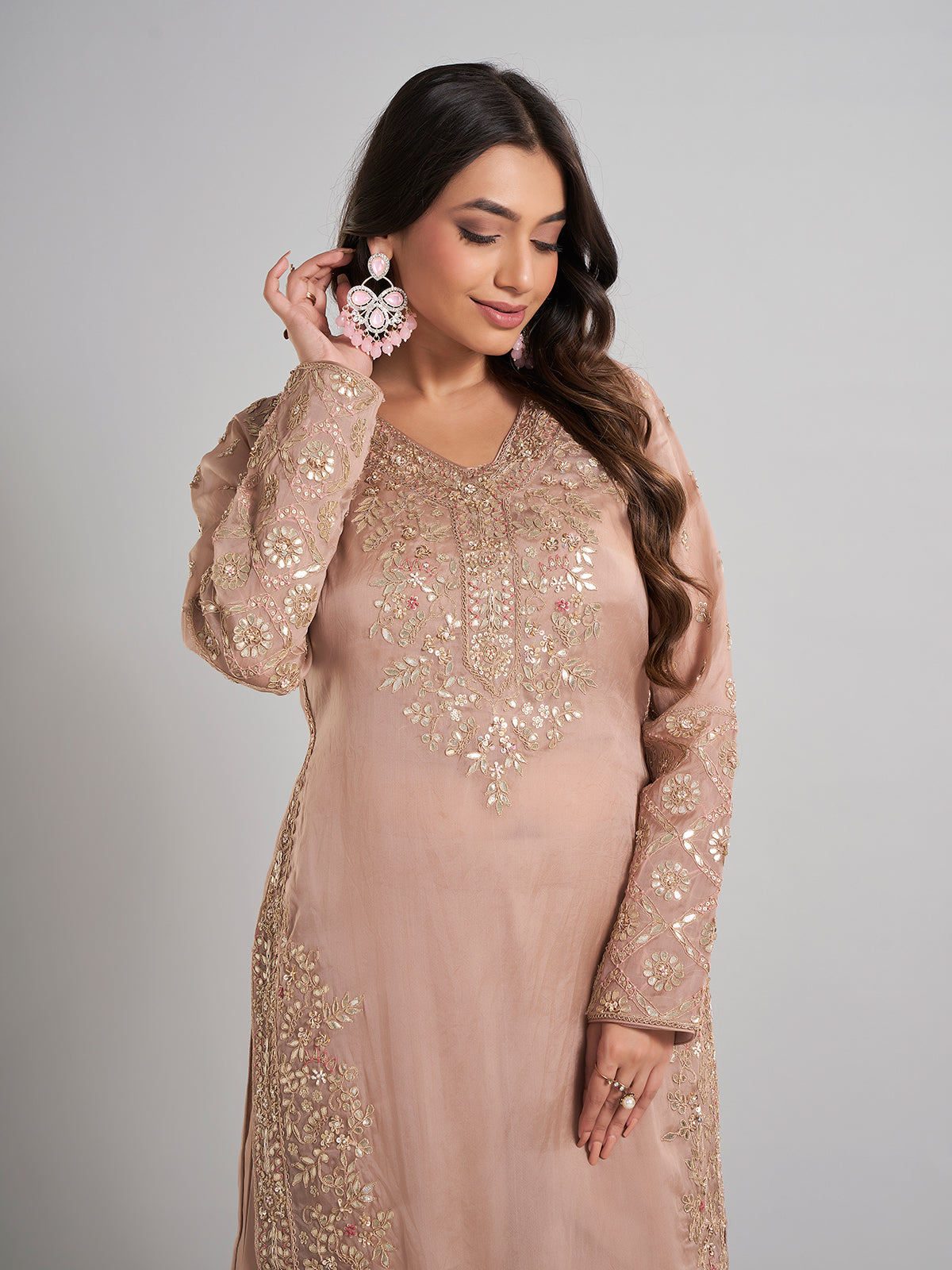 Beige pakistani designer silk palazzo suit