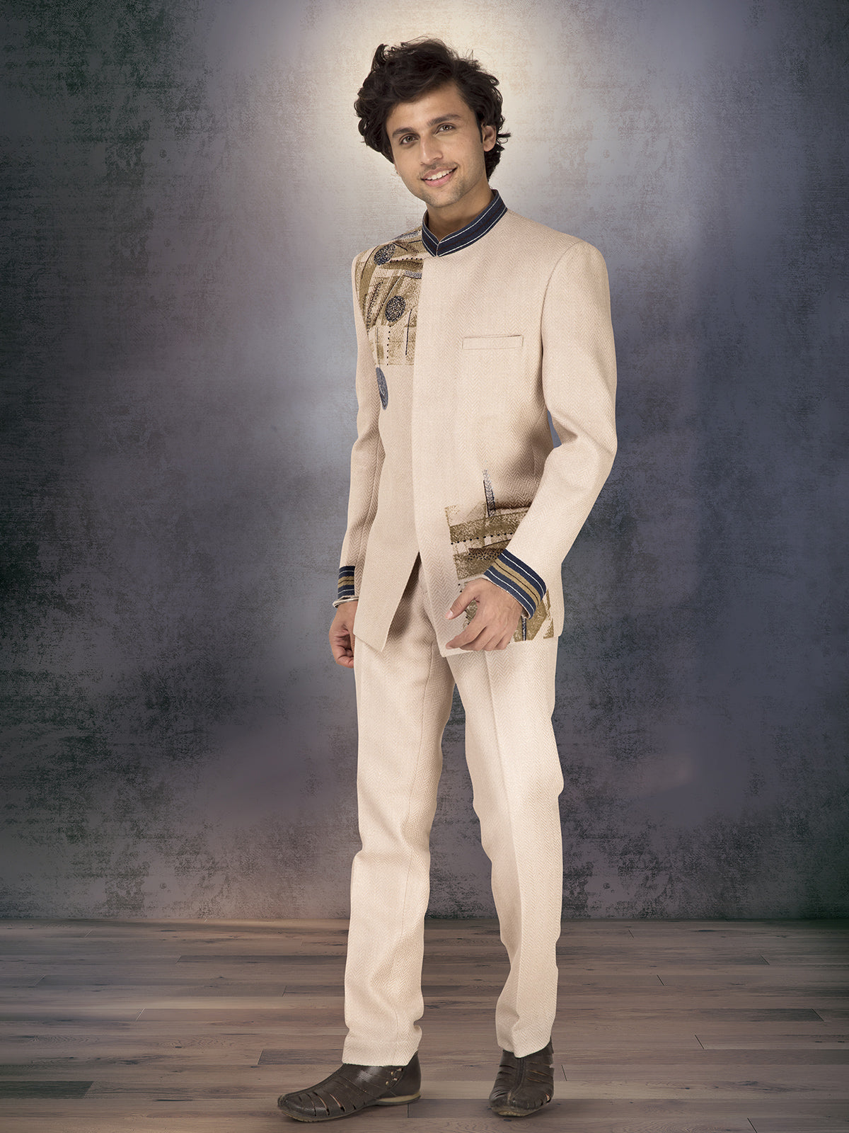 Beige printed pure jute jodhpuri suit for men
