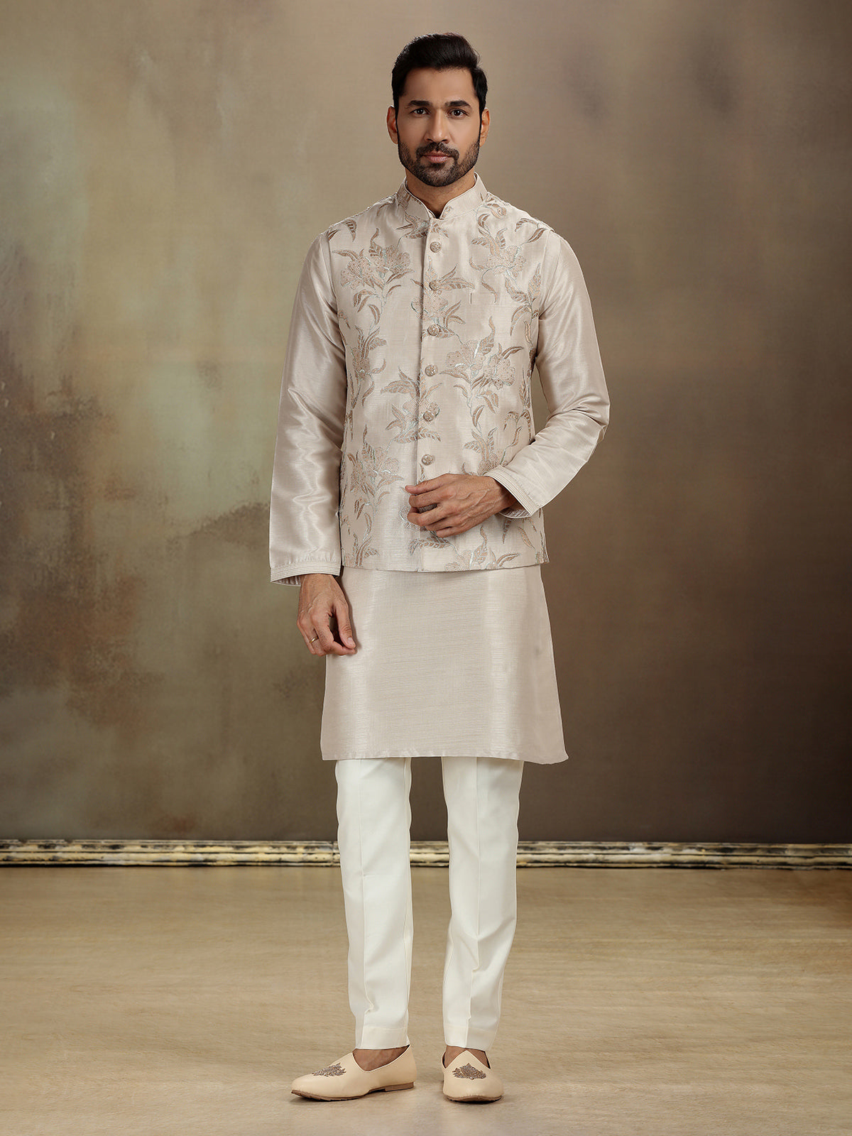 Beige raw silk sequin waistcoat set for men