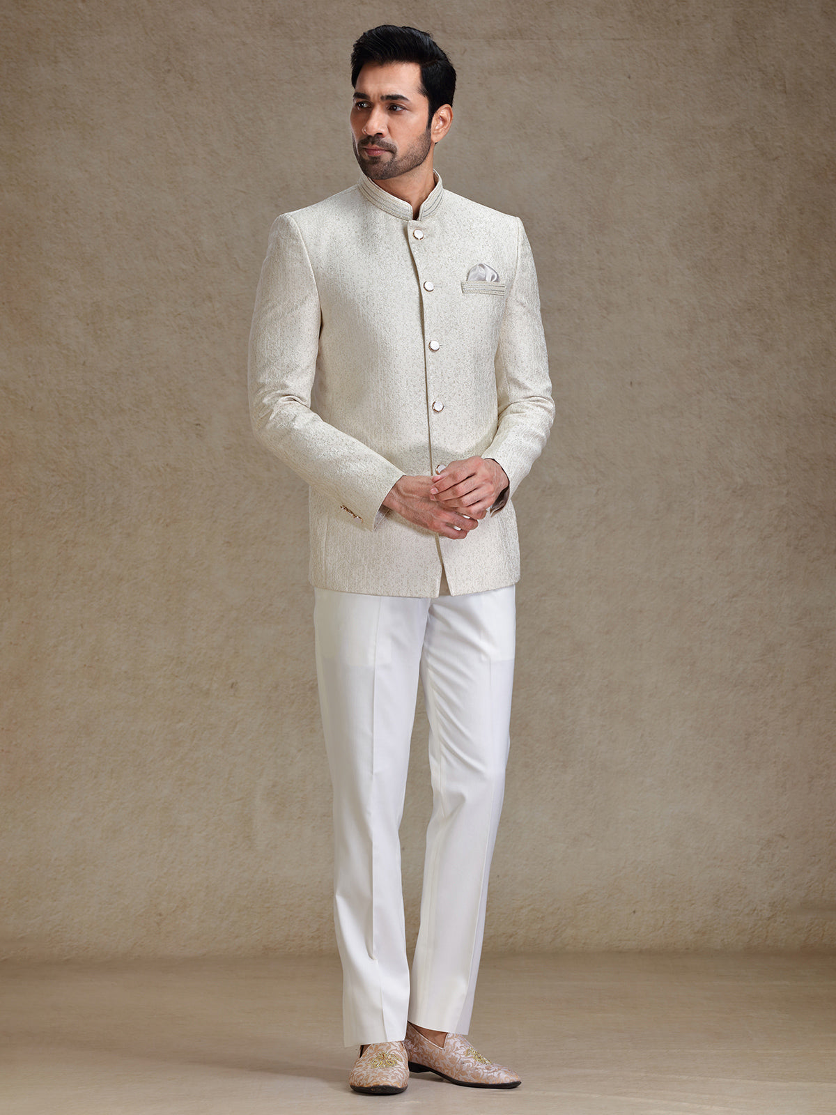 Beige resham weaved jodhpuri for reception