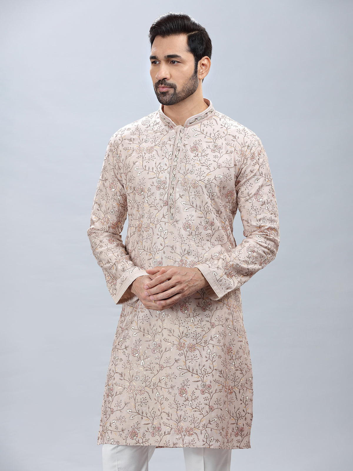 Beige shade cotton silk kurta set for men