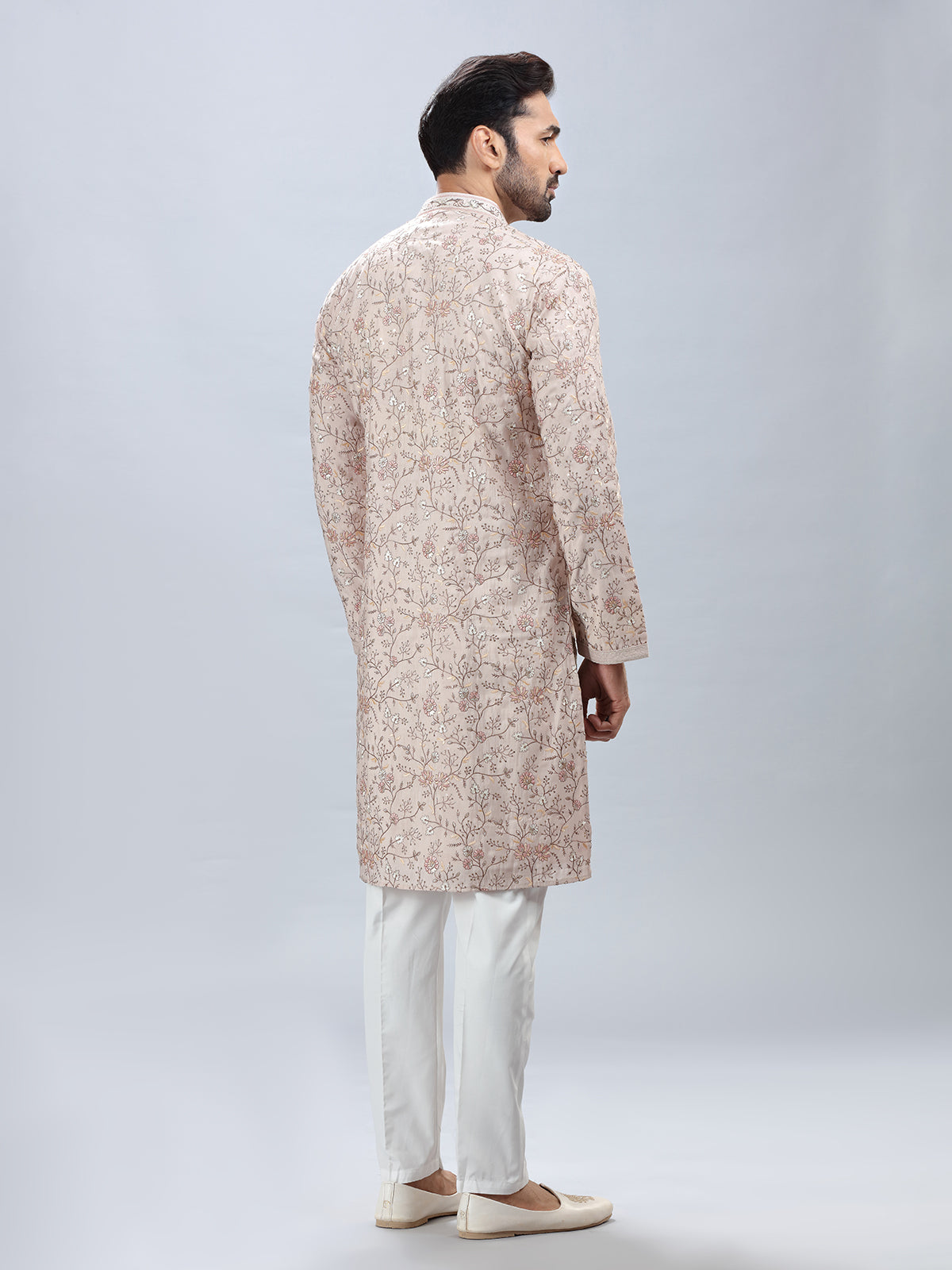 Beige shade cotton silk kurta set for men
